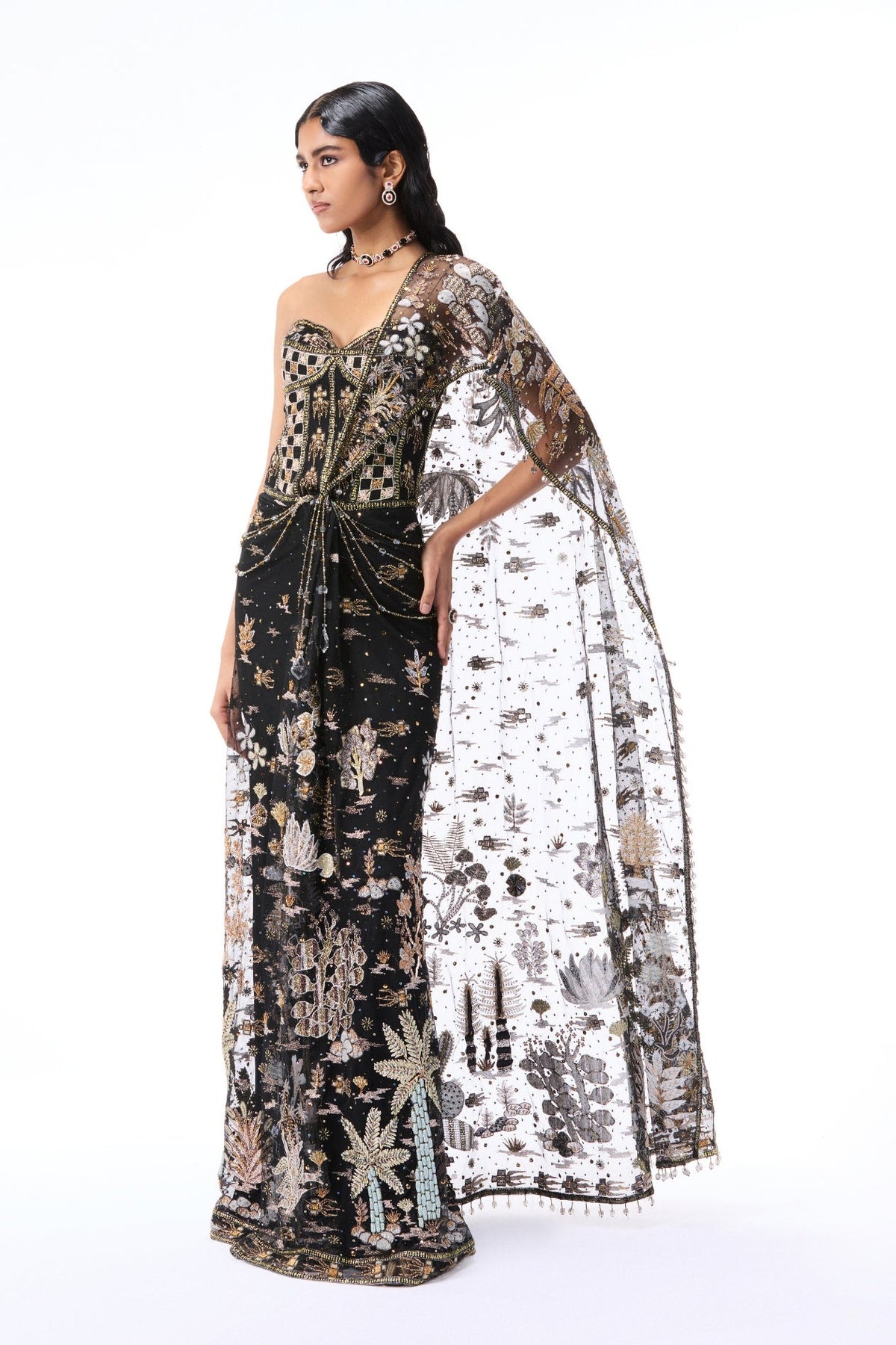 Whimrose - Black tulle draped saree