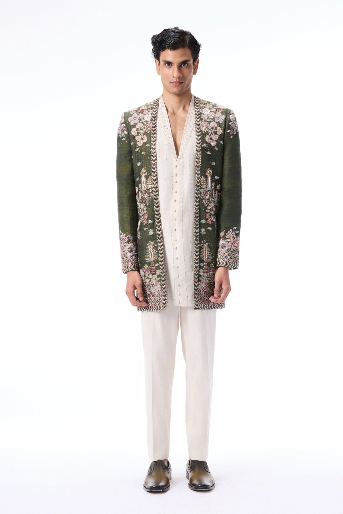 Cypres - Lush Green Raw Silk Open Jacket