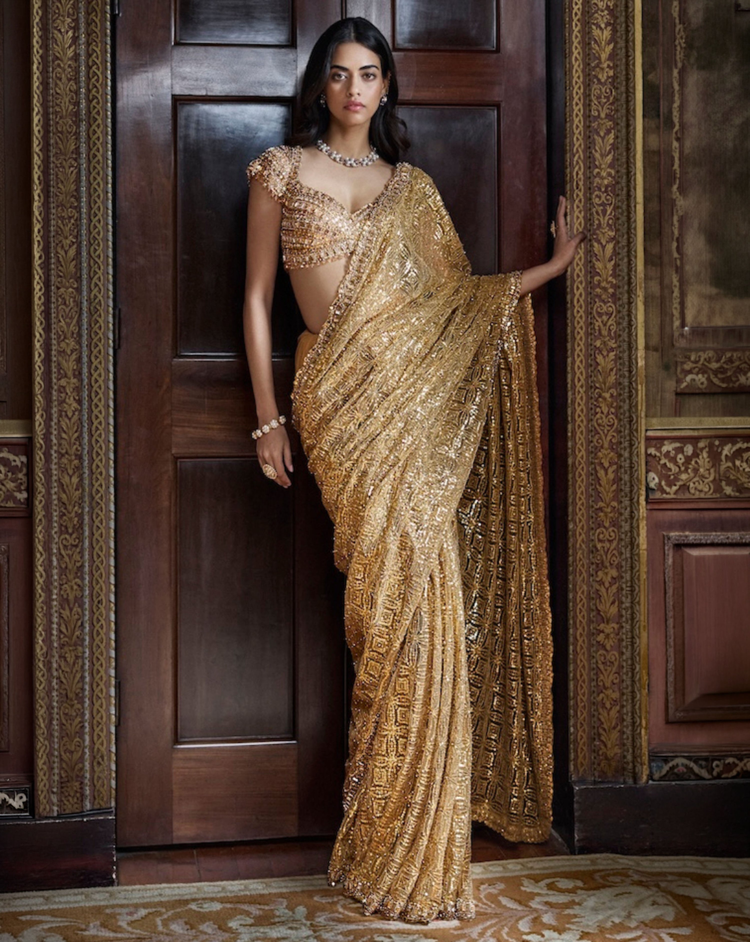 Antique Gold Crystal Saree