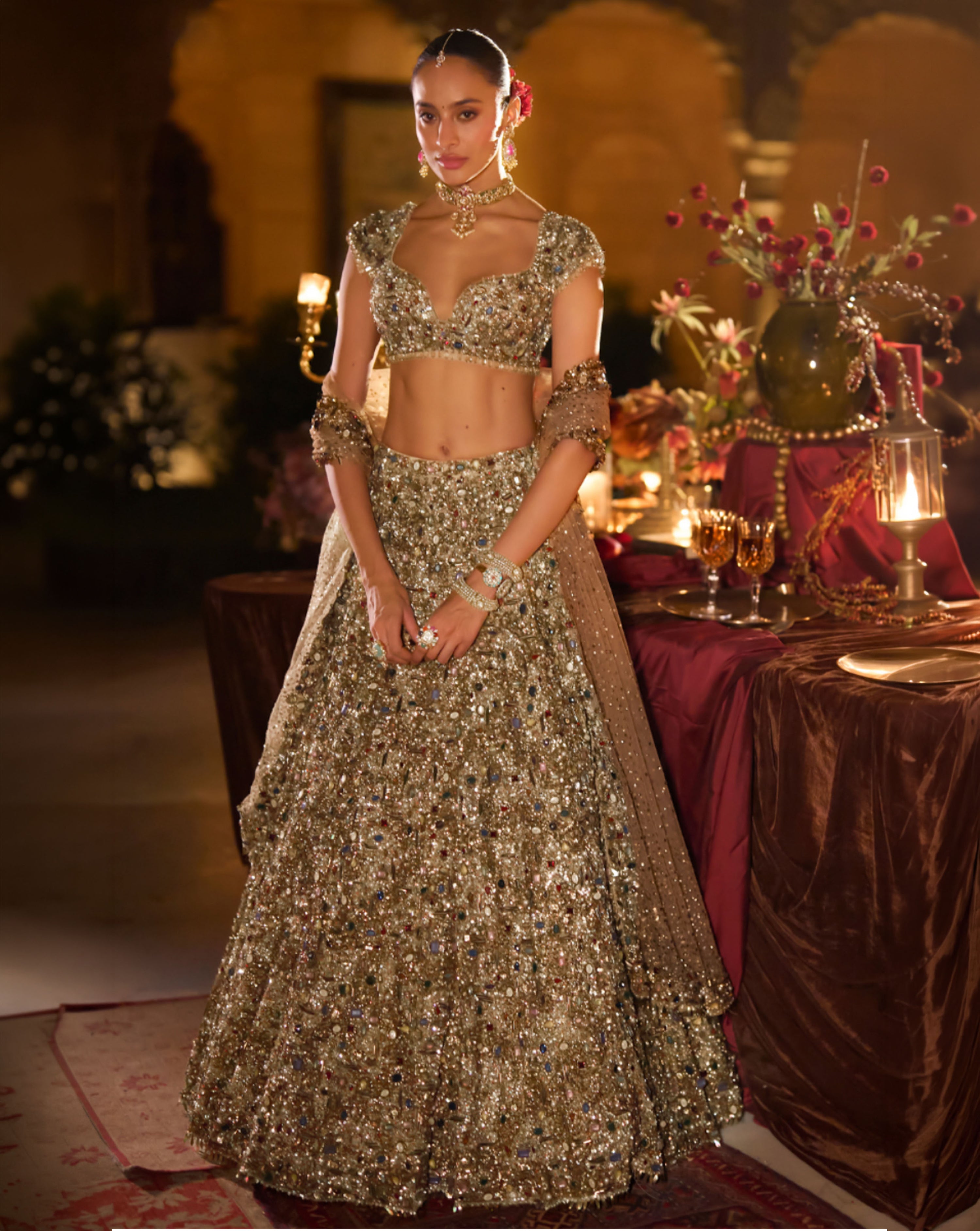 Antique Gold Jeweled Lehenga Set