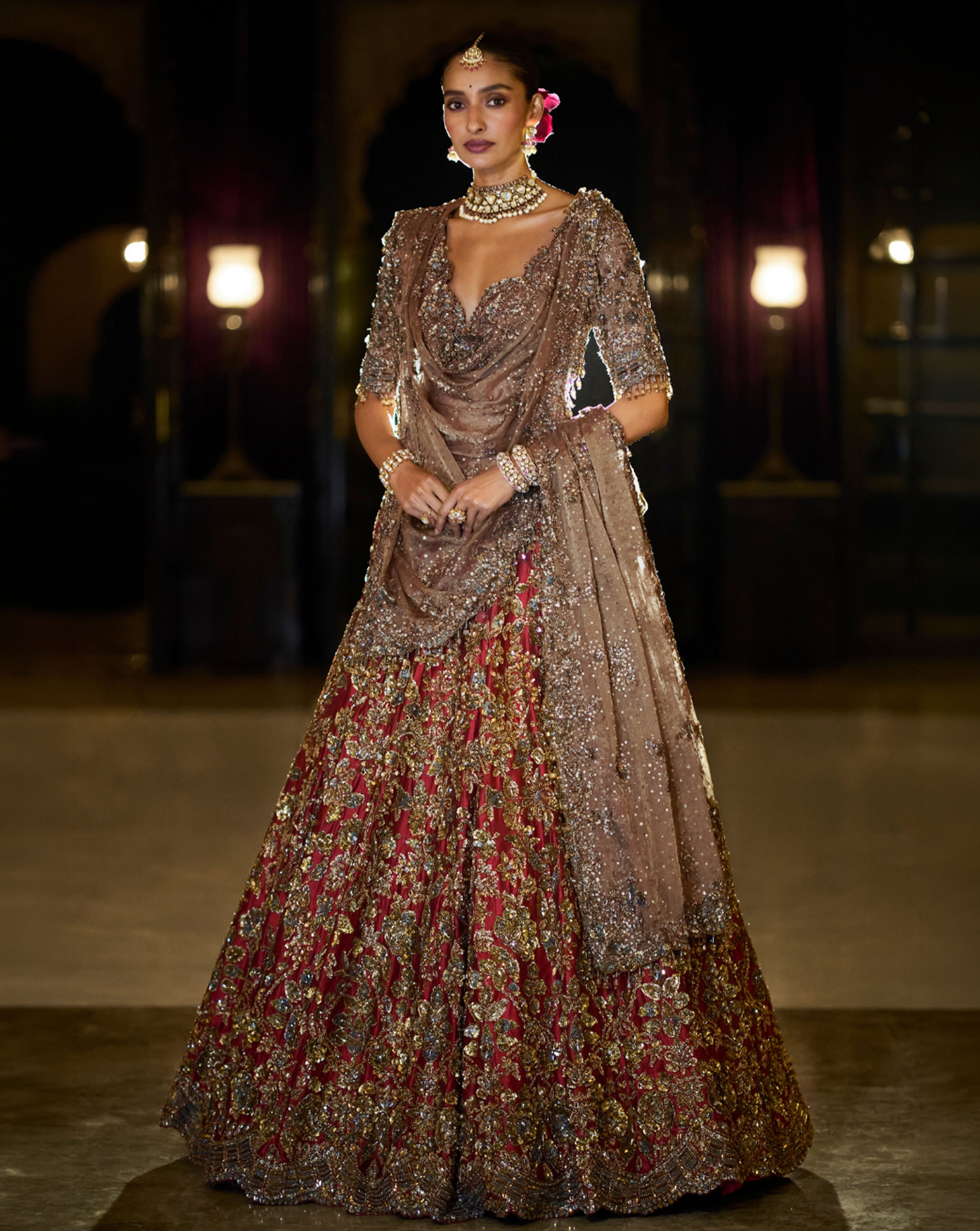 Antique Gold Maroon Lehenga Set