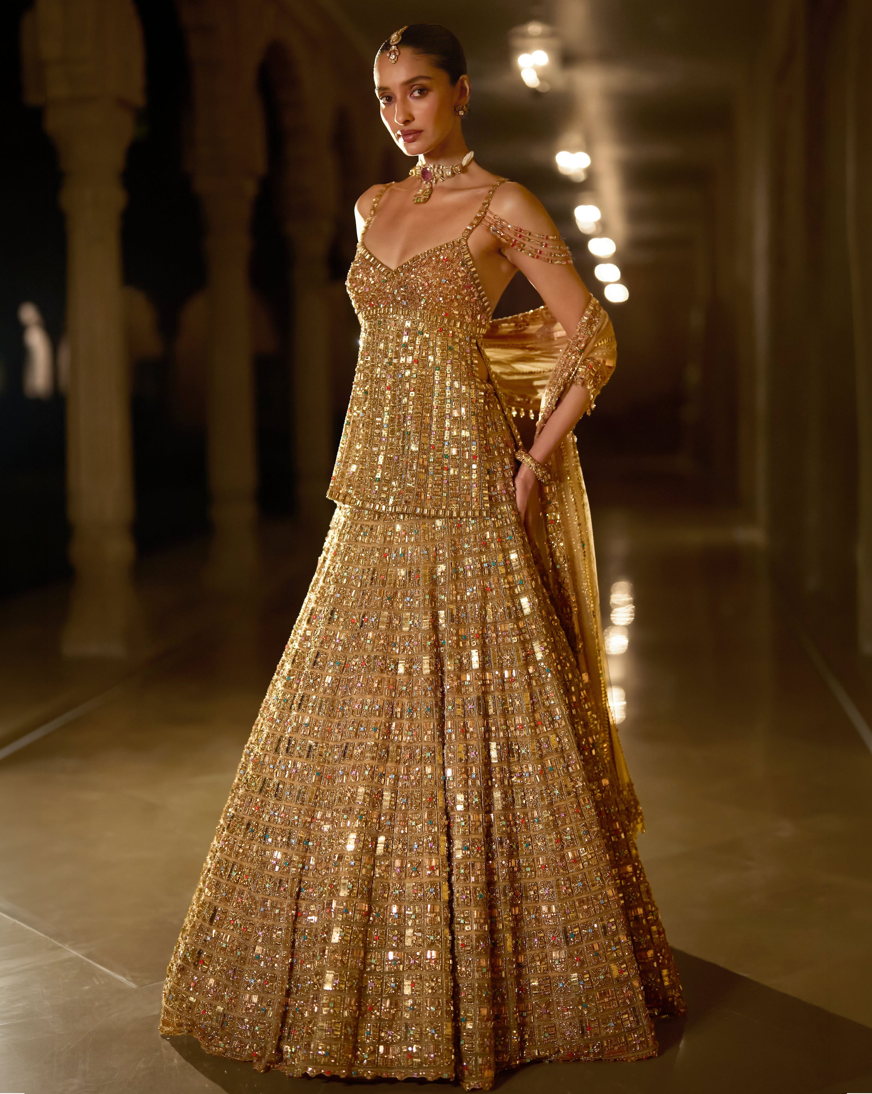 Antique Gold Multi-Coloured Stone Lehenga Set