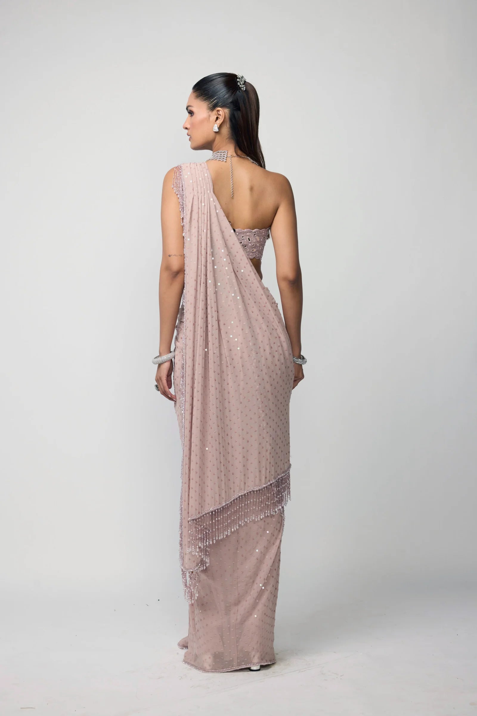 Ash Pink Draped Saree Set