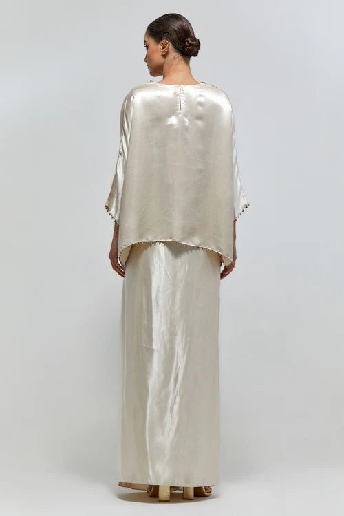 Taraz Champagne Modal Satin Embroidered Yoke Top And Lungi Skirt