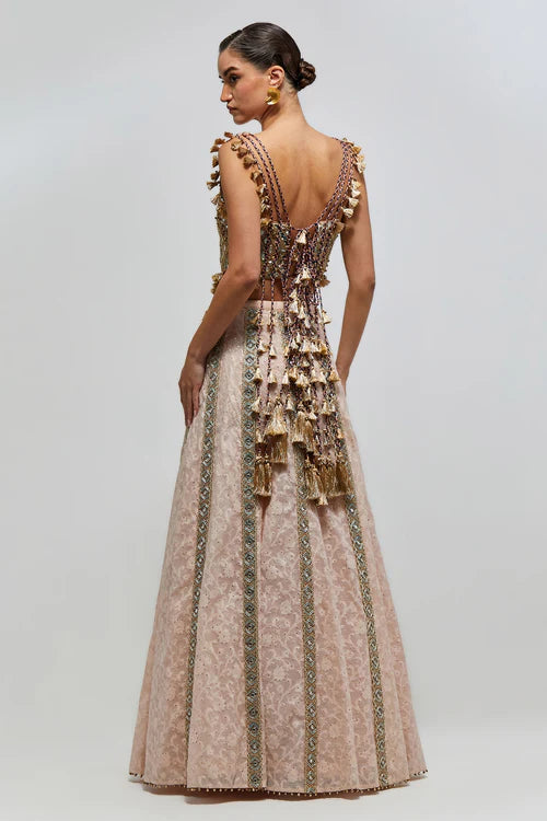 Mehrsa Blush Pink Georgette Half Back Covered Embroidered Choli And Katarwa Lehenga