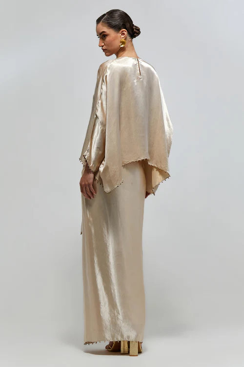 Risa Champagne Modal Satin Embroidered Yoke Top And Lungi Skirt