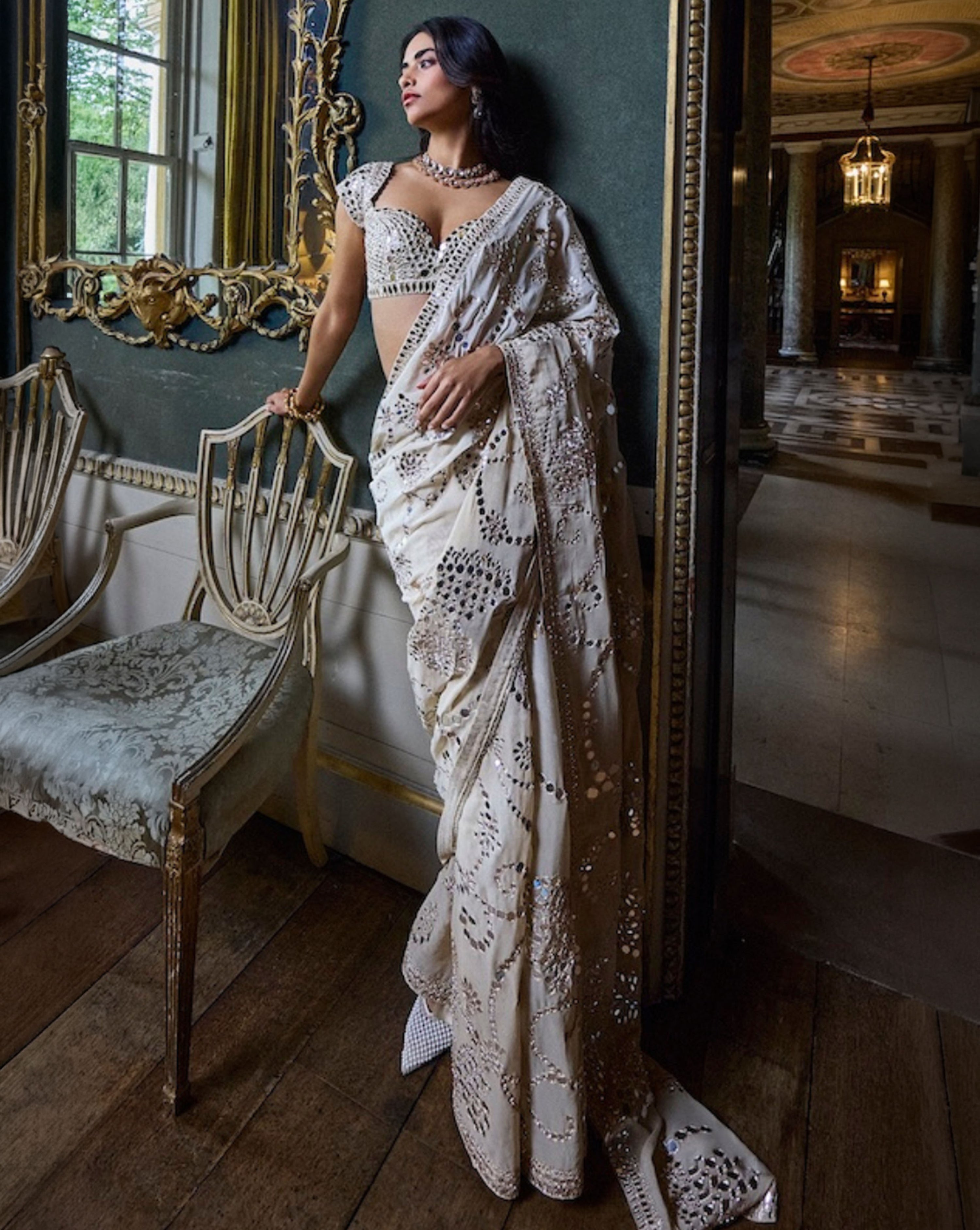 Beige Mirror Work Saree