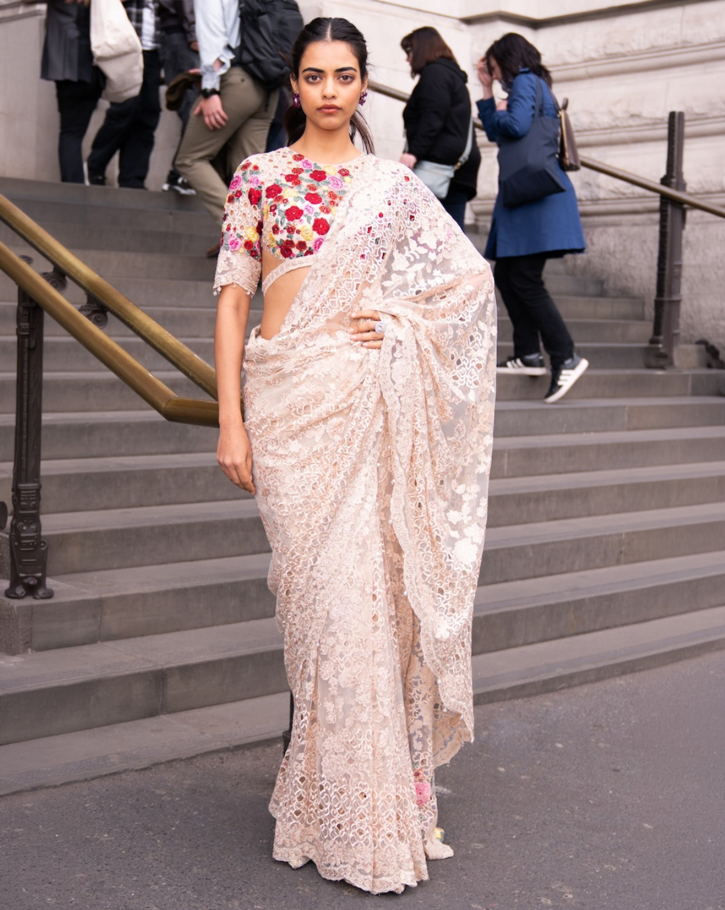 Beige Multi-Coloured Thread Work Saree