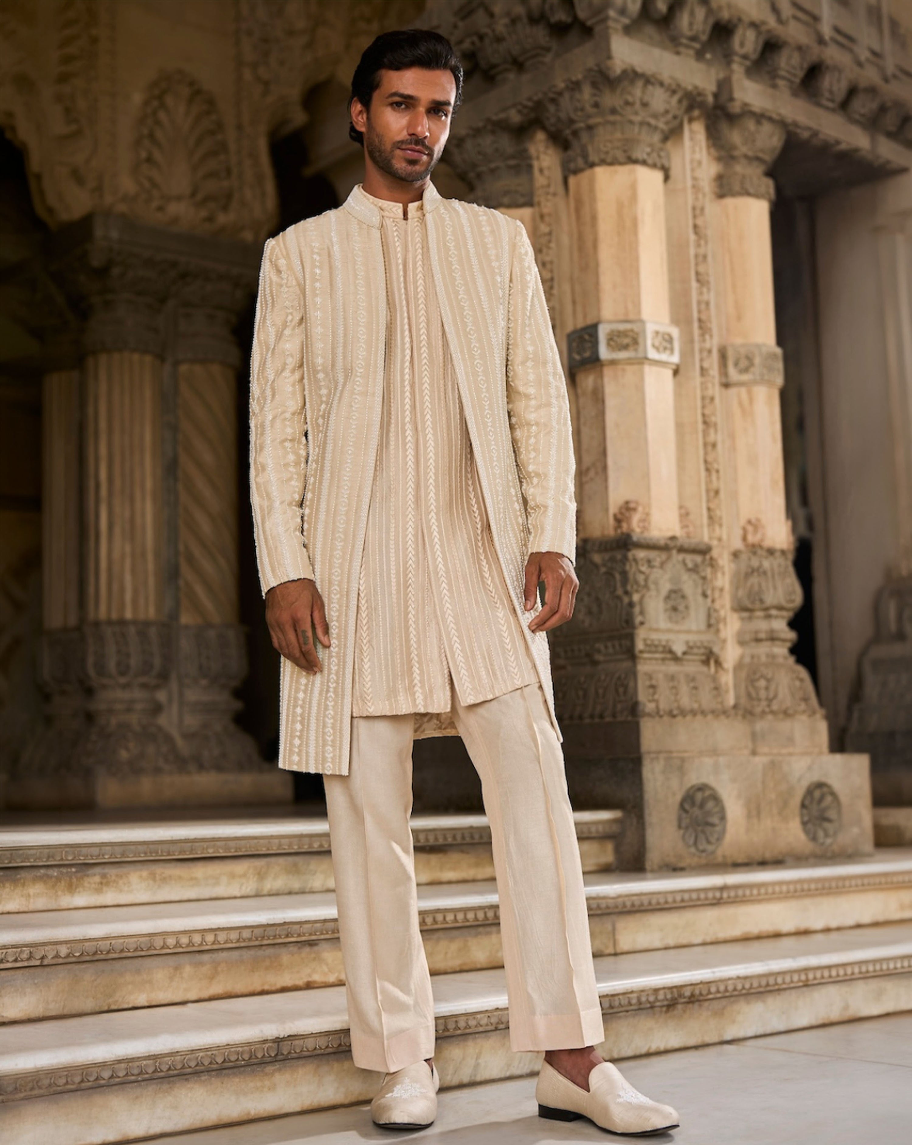 Beige Pearl Open Sherwani Set