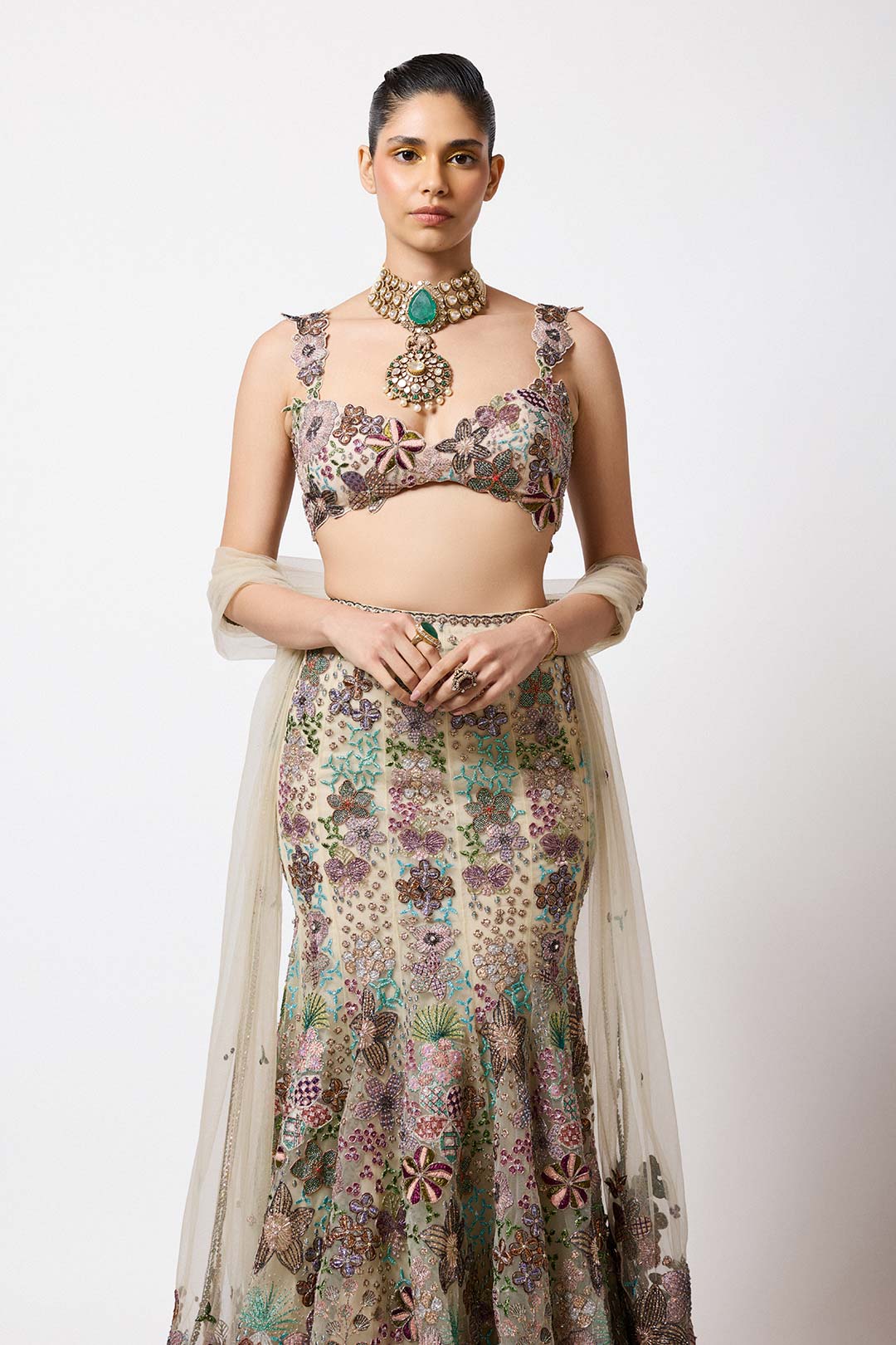 Liora - Beige Tulle Lehenga