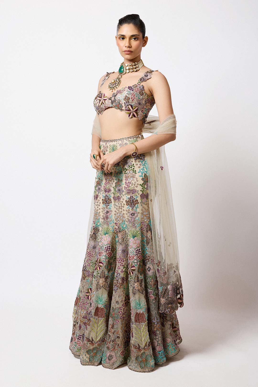 Liora - Beige Tulle Lehenga