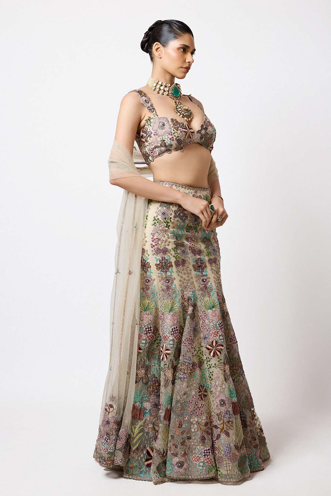 Liora - Beige Tulle Lehenga