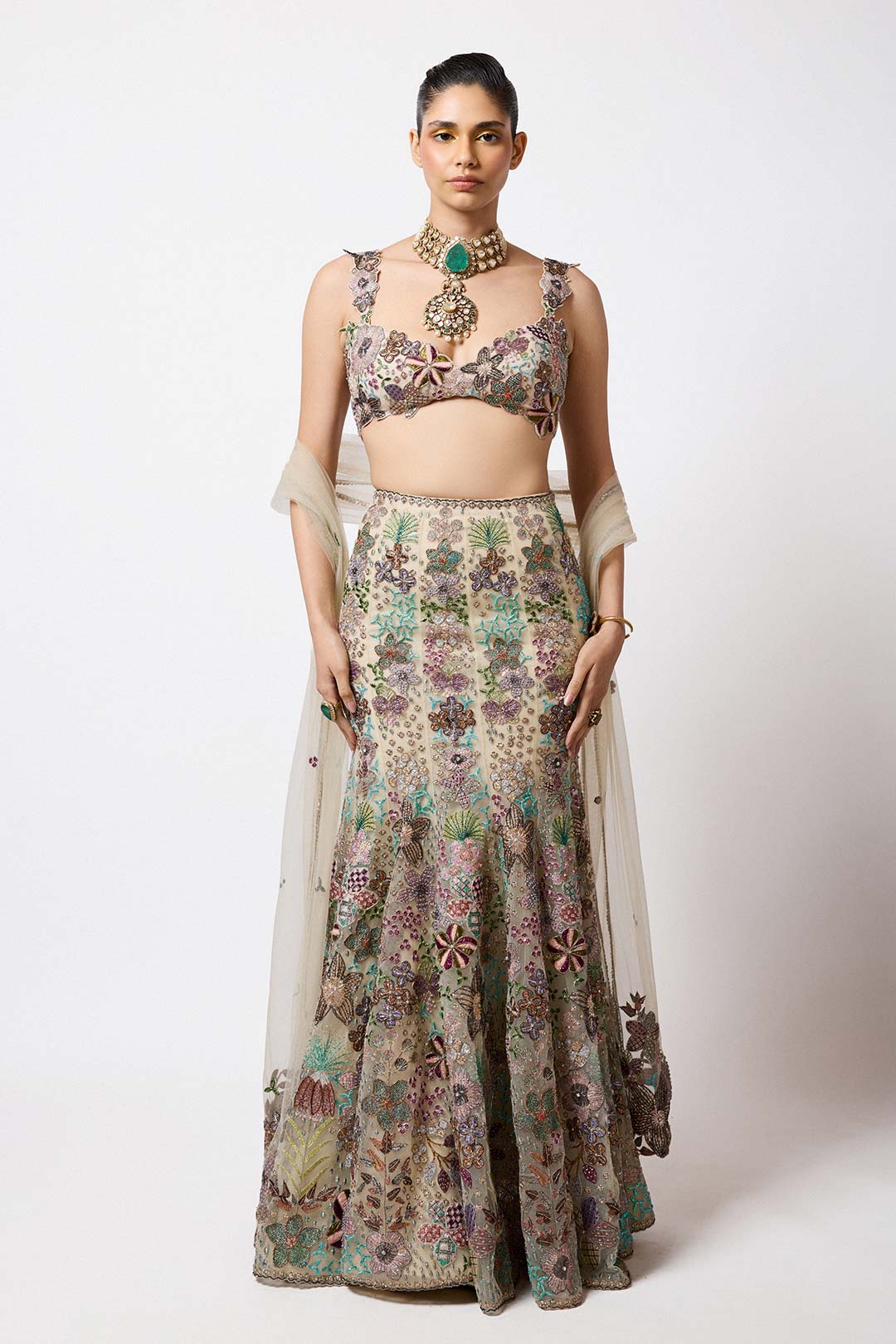 Liora - Beige Tulle Lehenga