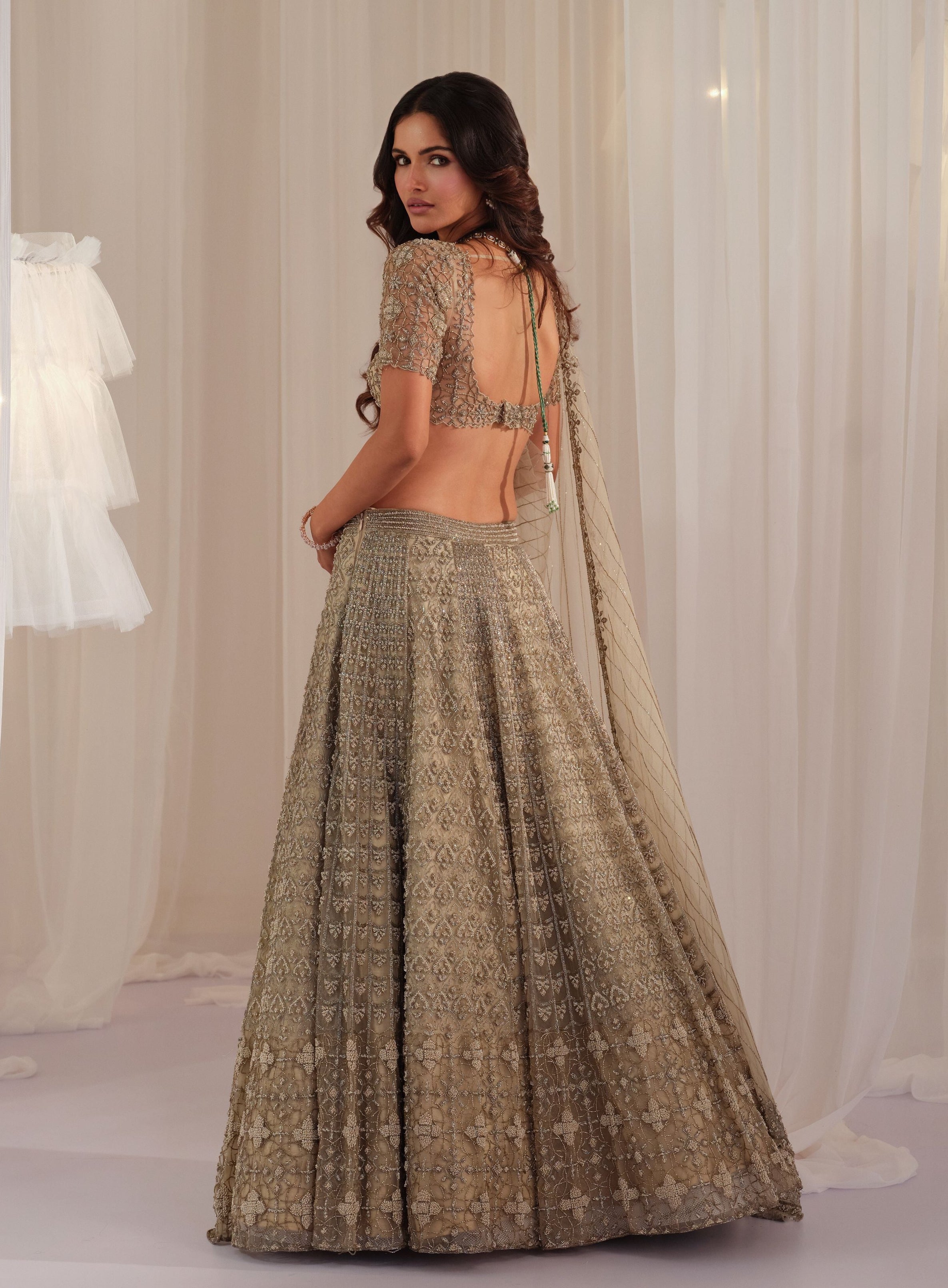 Beige French Knot Embellished Lehenga With Blouse & Dupatta