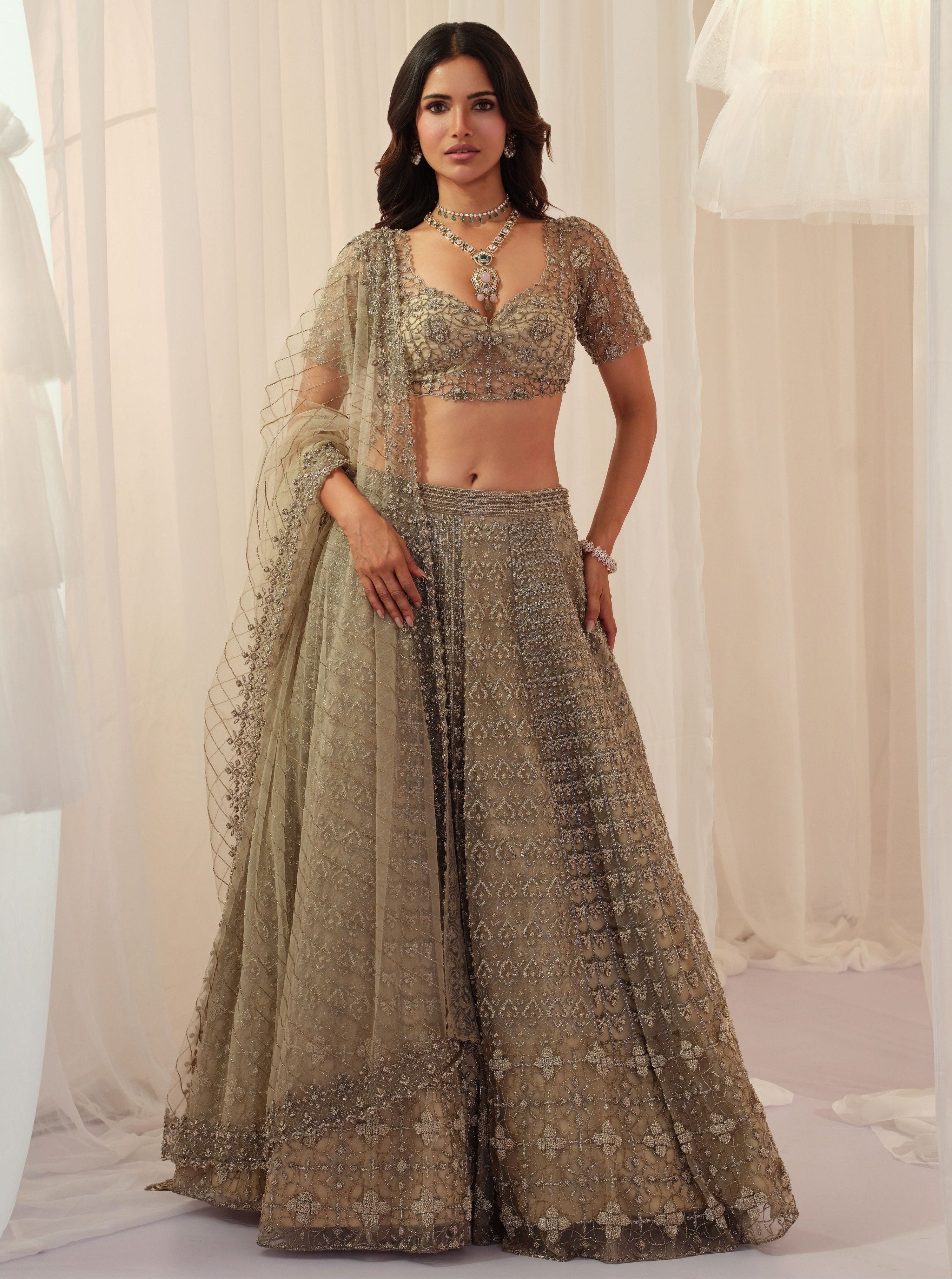Beige French Knot Embellished Lehenga With Blouse & Dupatta
