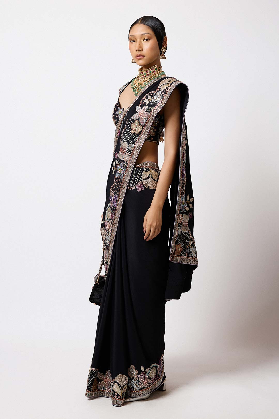 Trinetra in Shinora - Black Mulberry Crepe Saree
