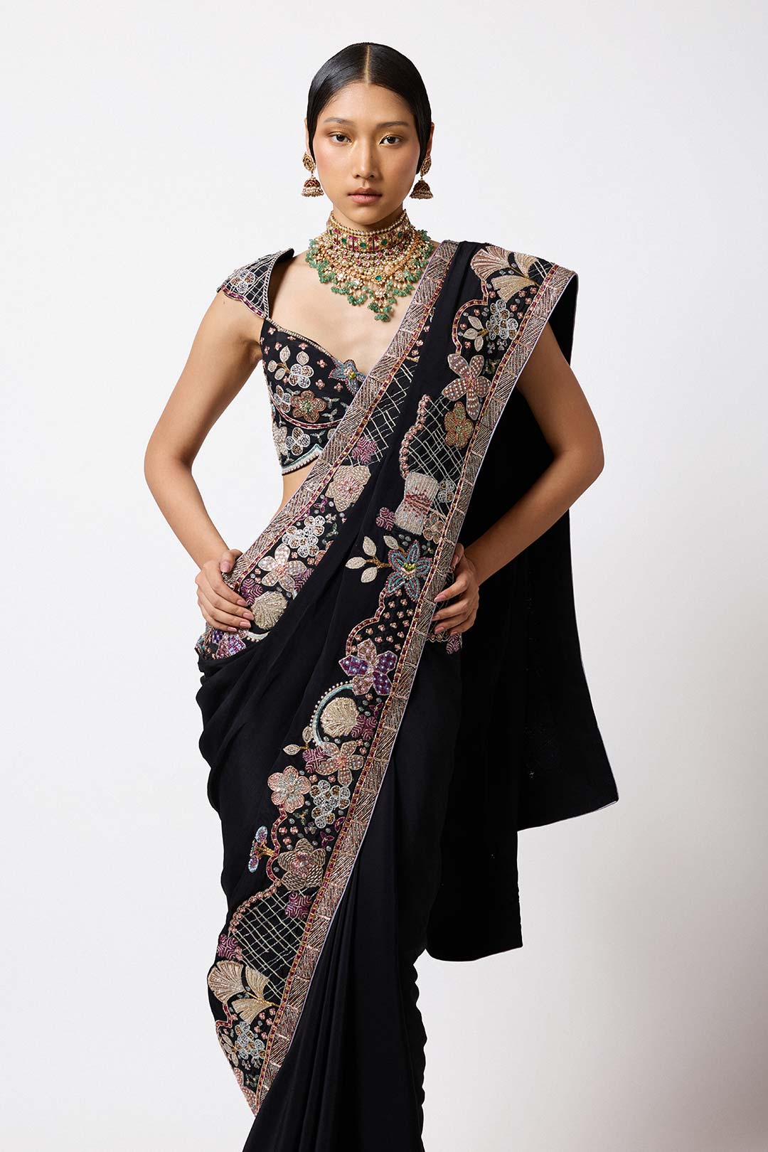 Trinetra in Shinora - Black Mulberry Crepe Saree