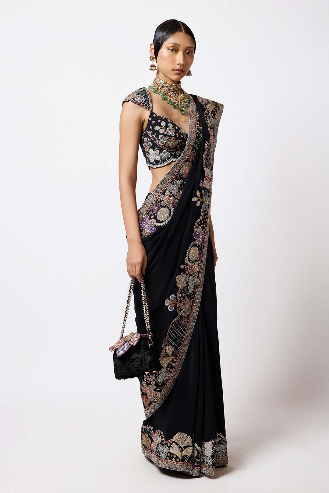 Trinetra in Shinora - Black Mulberry Crepe Saree