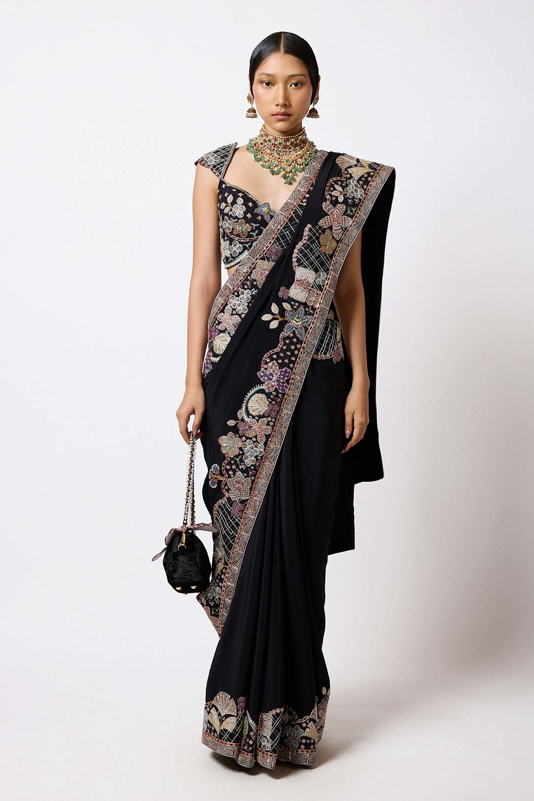 Trinetra in Shinora - Black Mulberry Crepe Saree