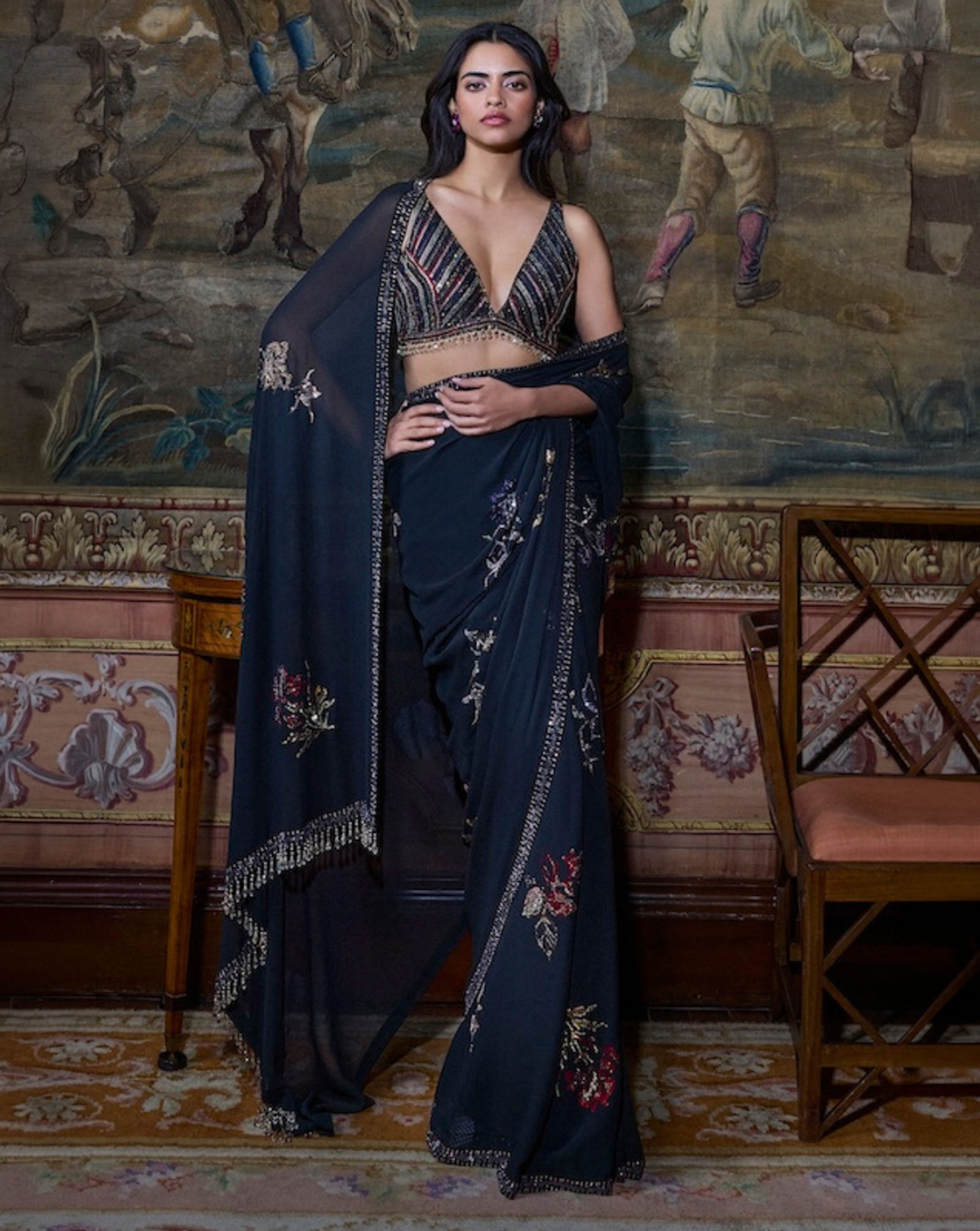 Black Crystal Georgette Saree
