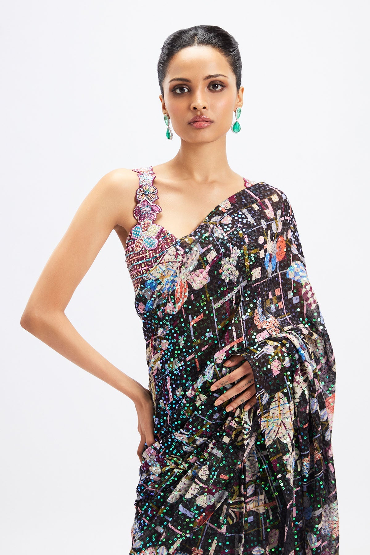 Noctura - Black Plum Sequin Tulle Saree