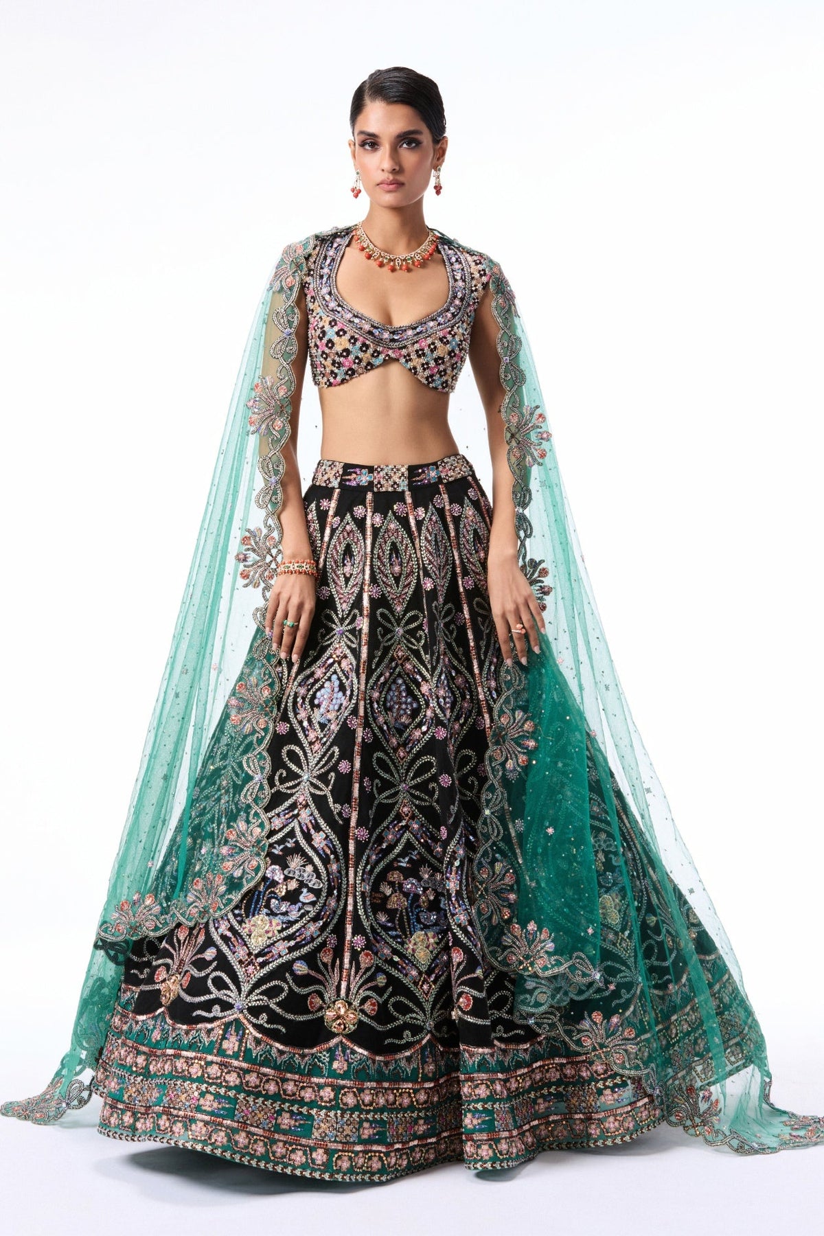 Bloomrush - Black Teal tulle lehenga