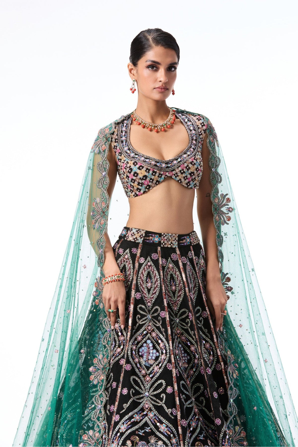 Bloomrush - Black Teal tulle lehenga