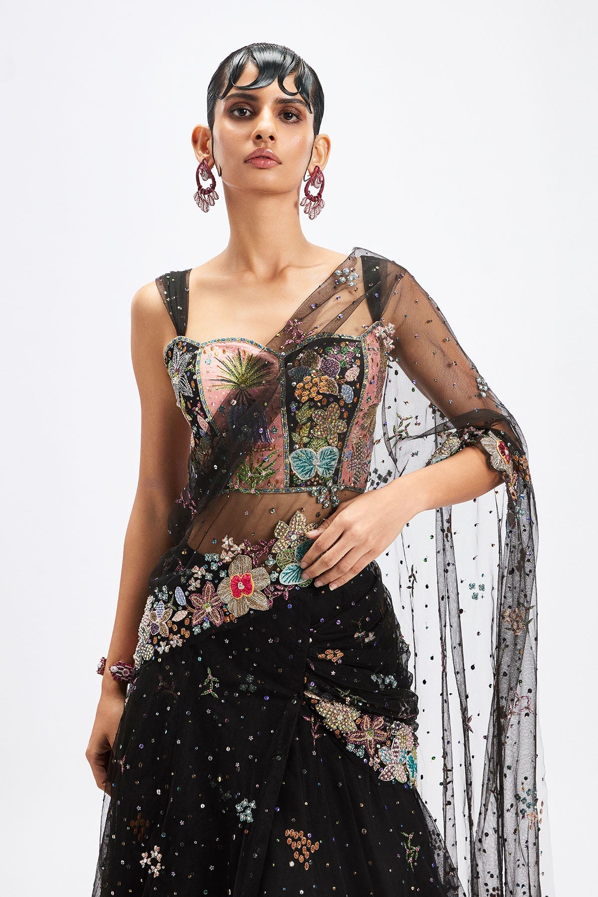 Delphinia - Black Tulle Saree