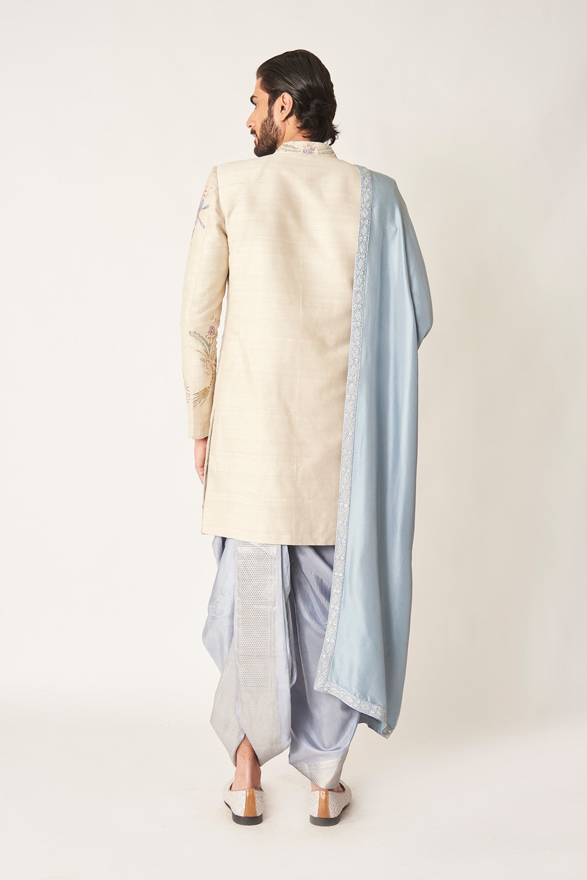 Lavreux Ivory - Hydrangea Blue Raw Silk Sherwani