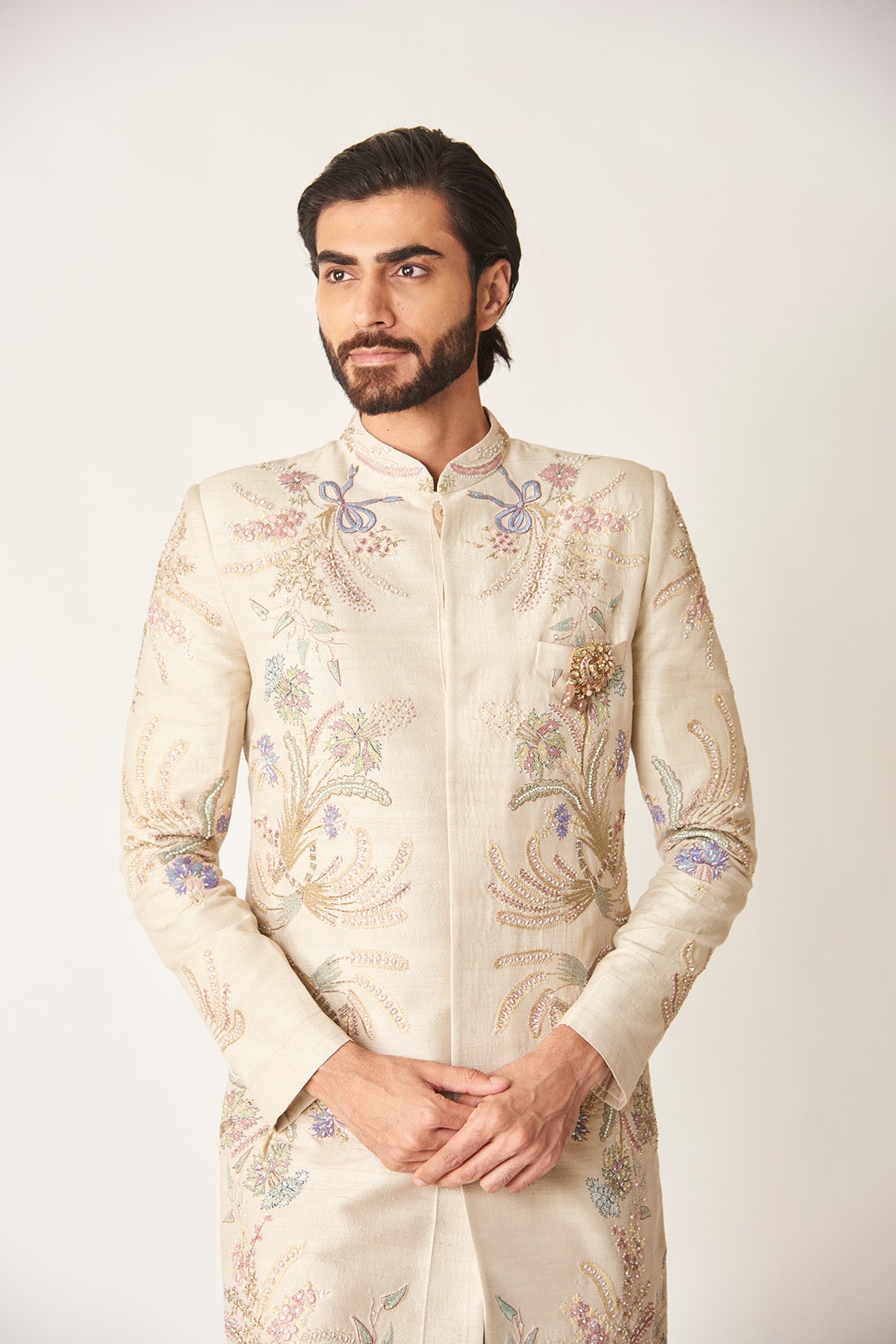 Lavreux Ivory - Hydrangea Blue Raw Silk Sherwani