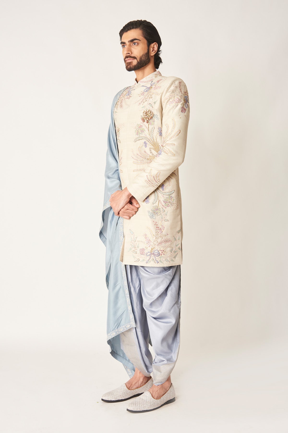 Lavreux Ivory - Hydrangea Blue Raw Silk Sherwani