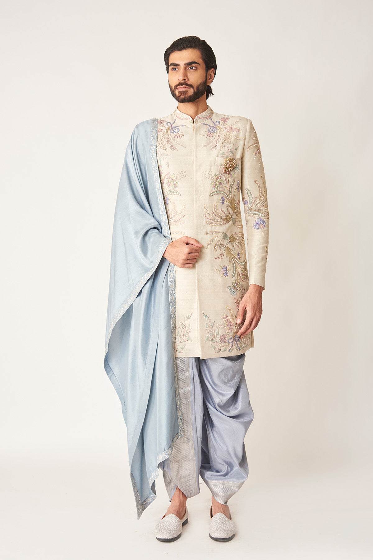 Lavreux Ivory - Hydrangea Blue Raw Silk Sherwani