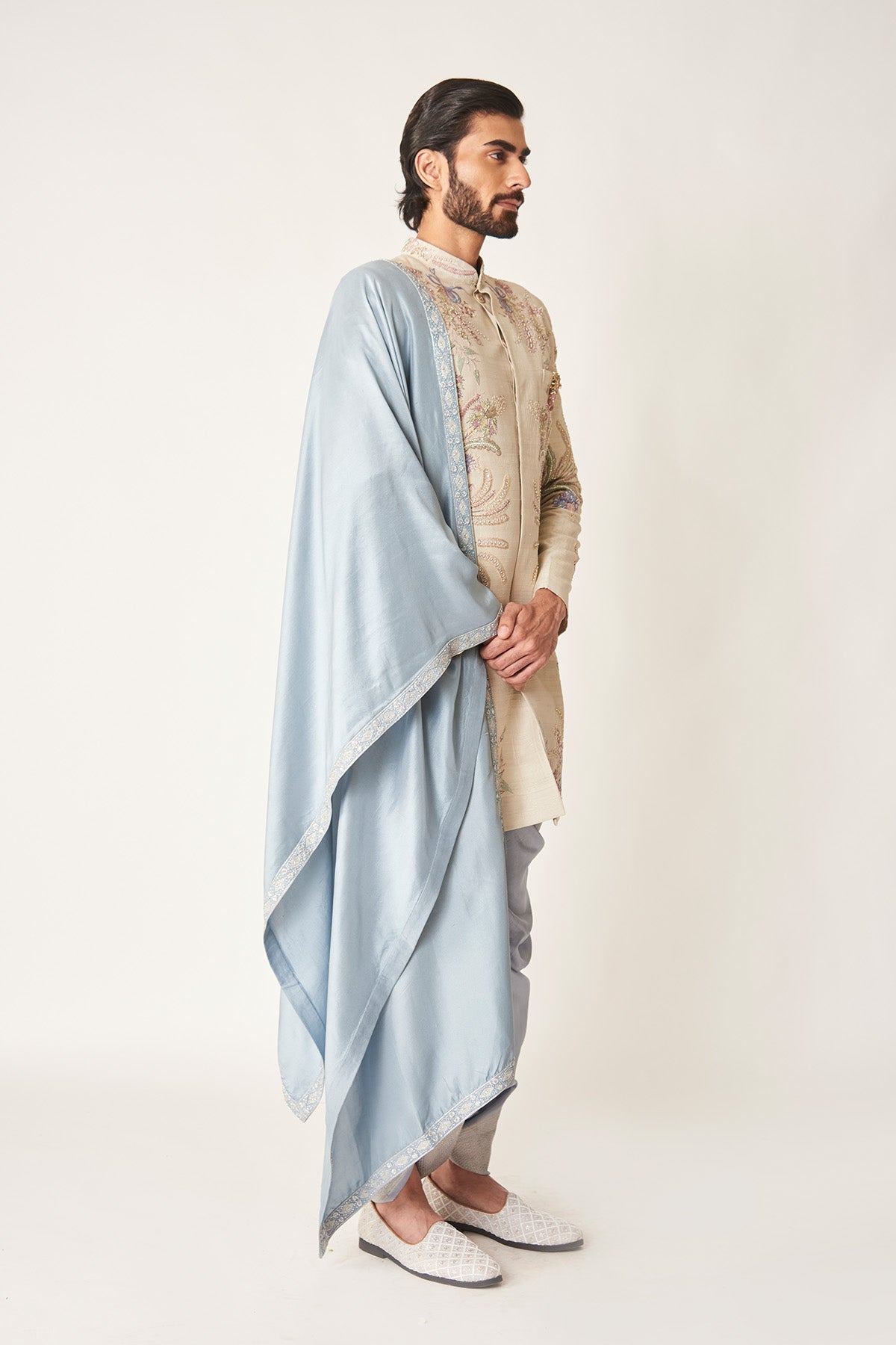 Lavreux Ivory - Hydrangea Blue Raw Silk Sherwani