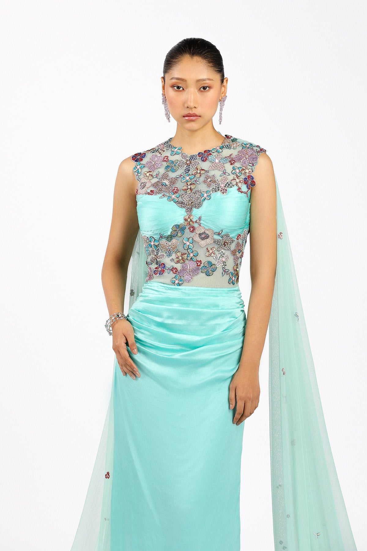 Vivelise - Scuba Blue Silky Satin Ruffled Gown