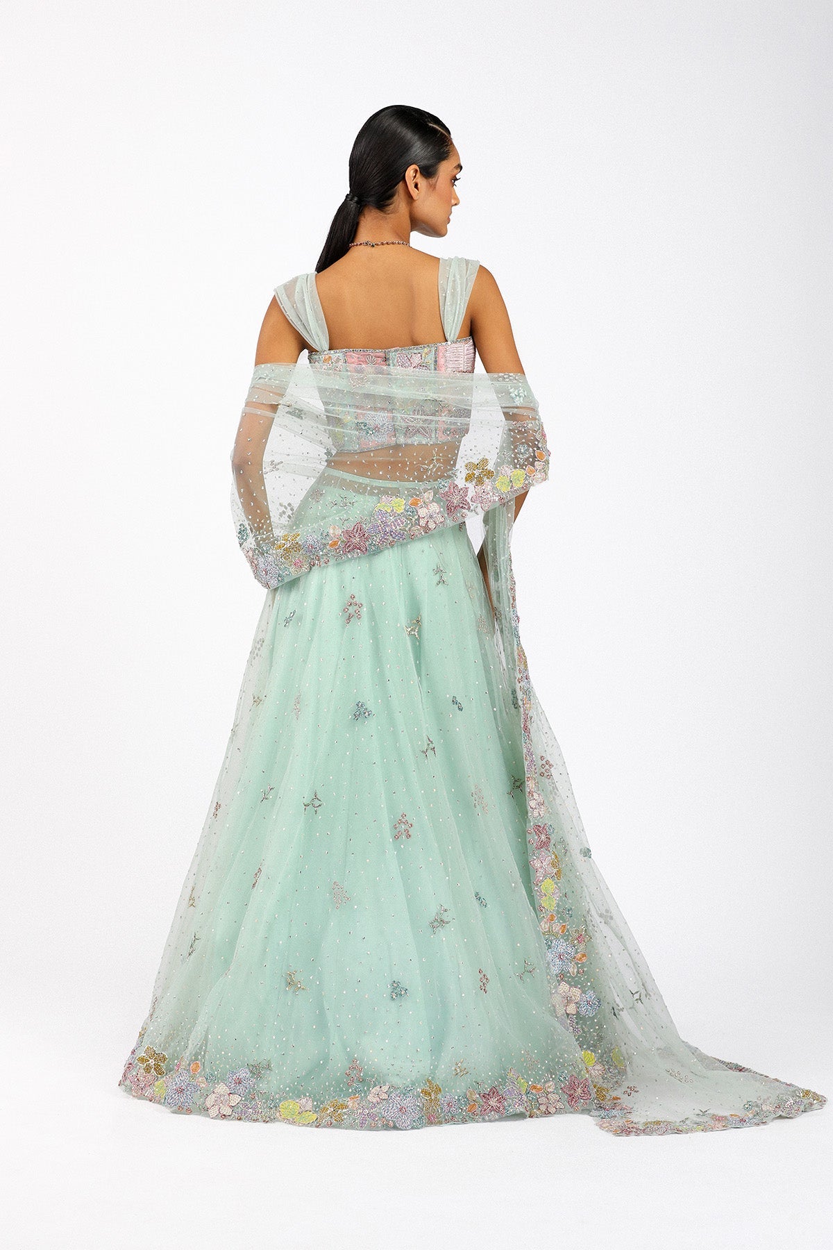 Azalee - Baby Blue Tulle Saree Lehenga