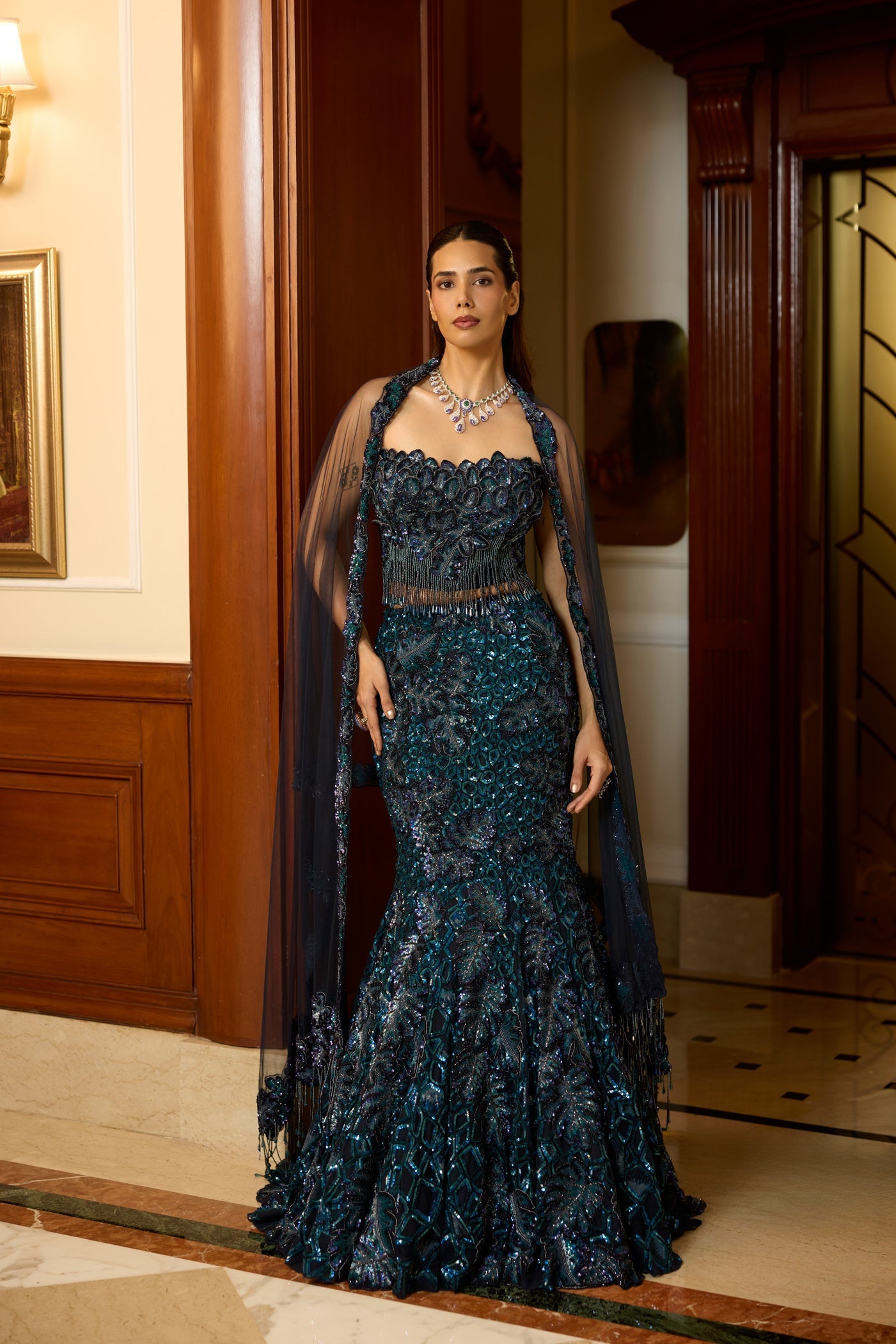 Peacock Blue Violet Fishcut Lehenga Corset Set