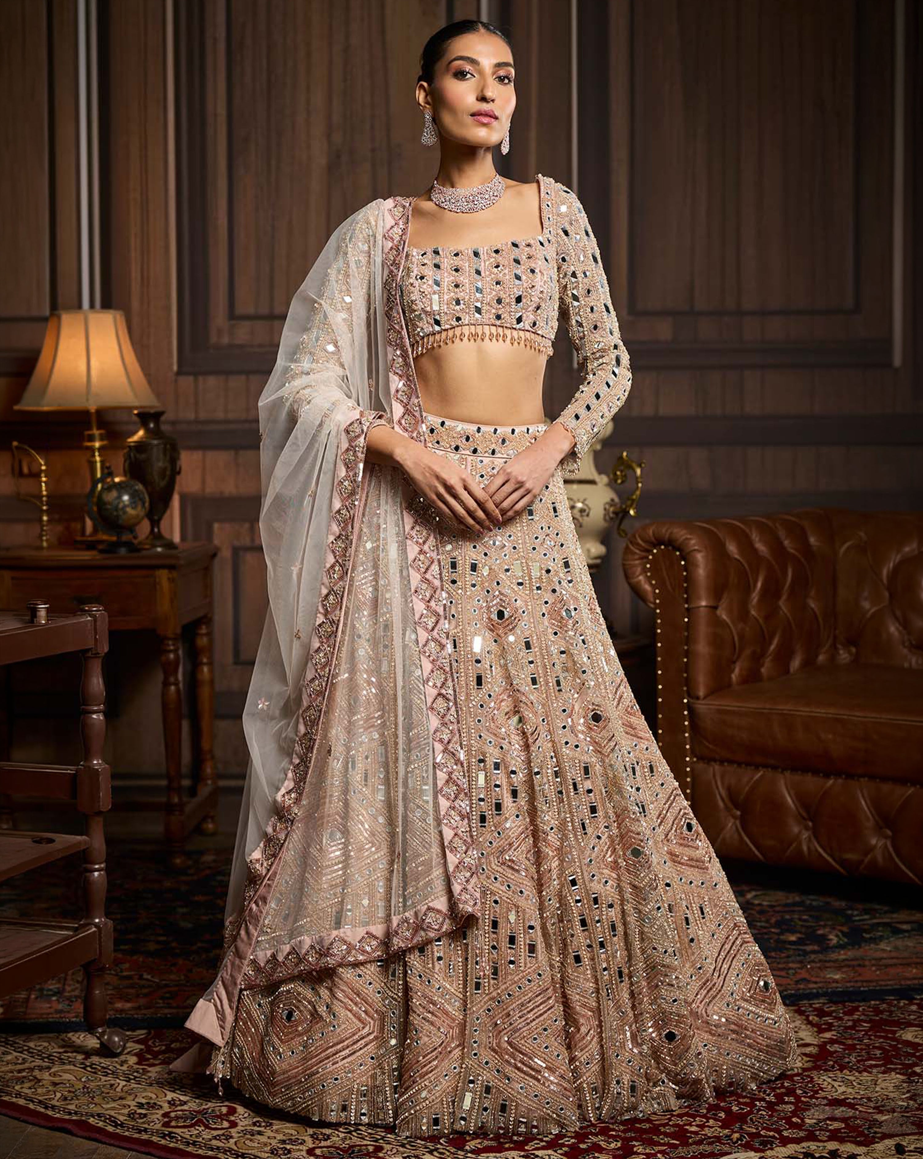 Blush Pink Embellished Mirrorwork  Lehenga Set