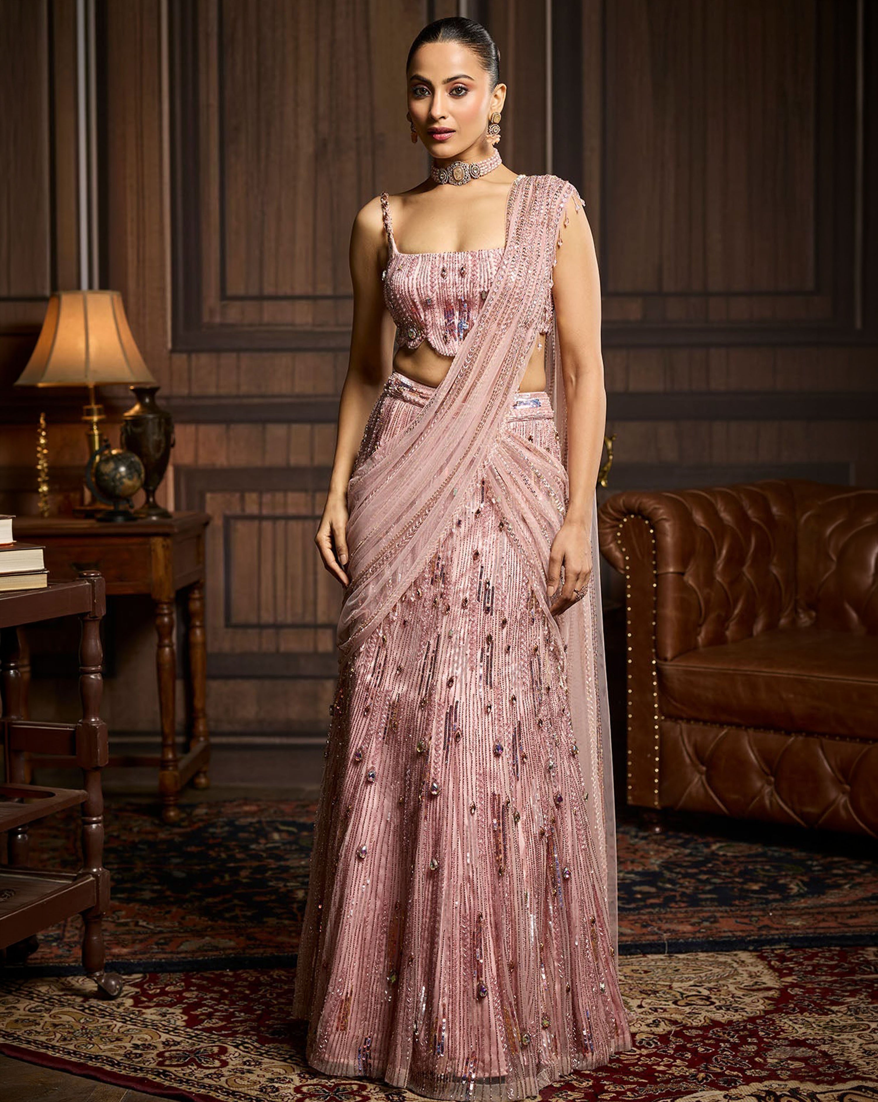 Blush Pink Embellished Pre-Draped Skirt Saree Set