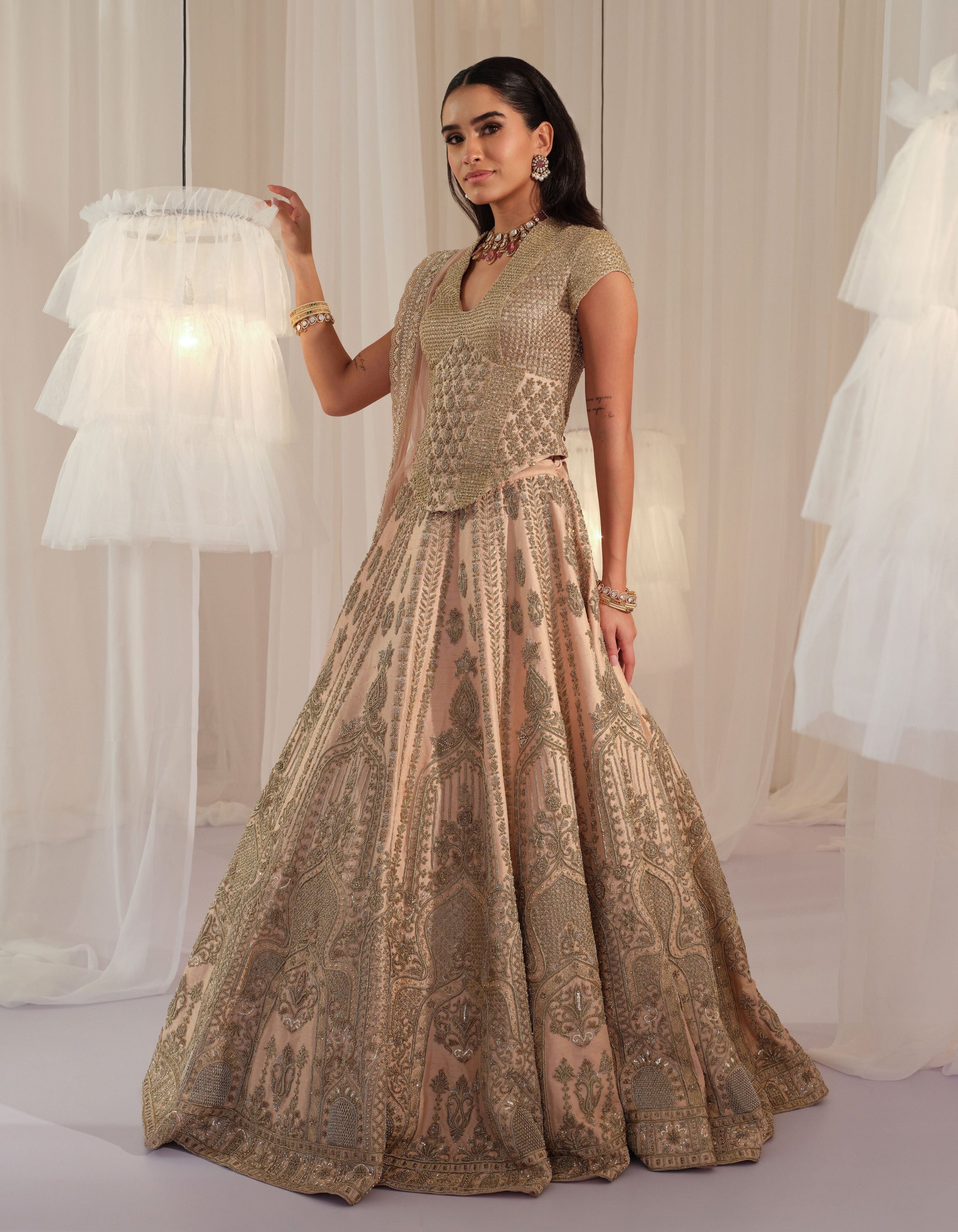 Peach Muted Gold Corset With Lehenga & Dupatta