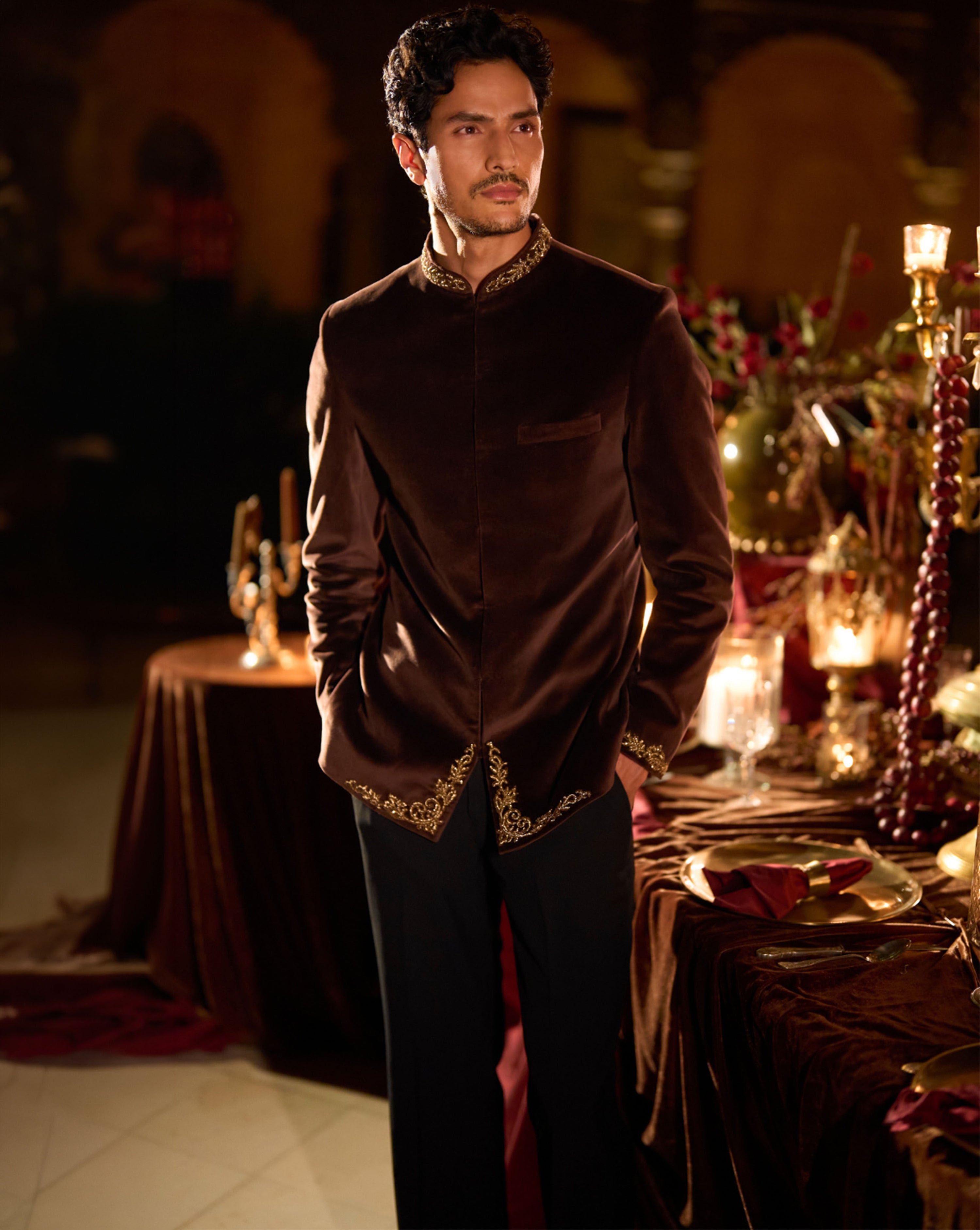 Brown Velvet Bandhgala Set