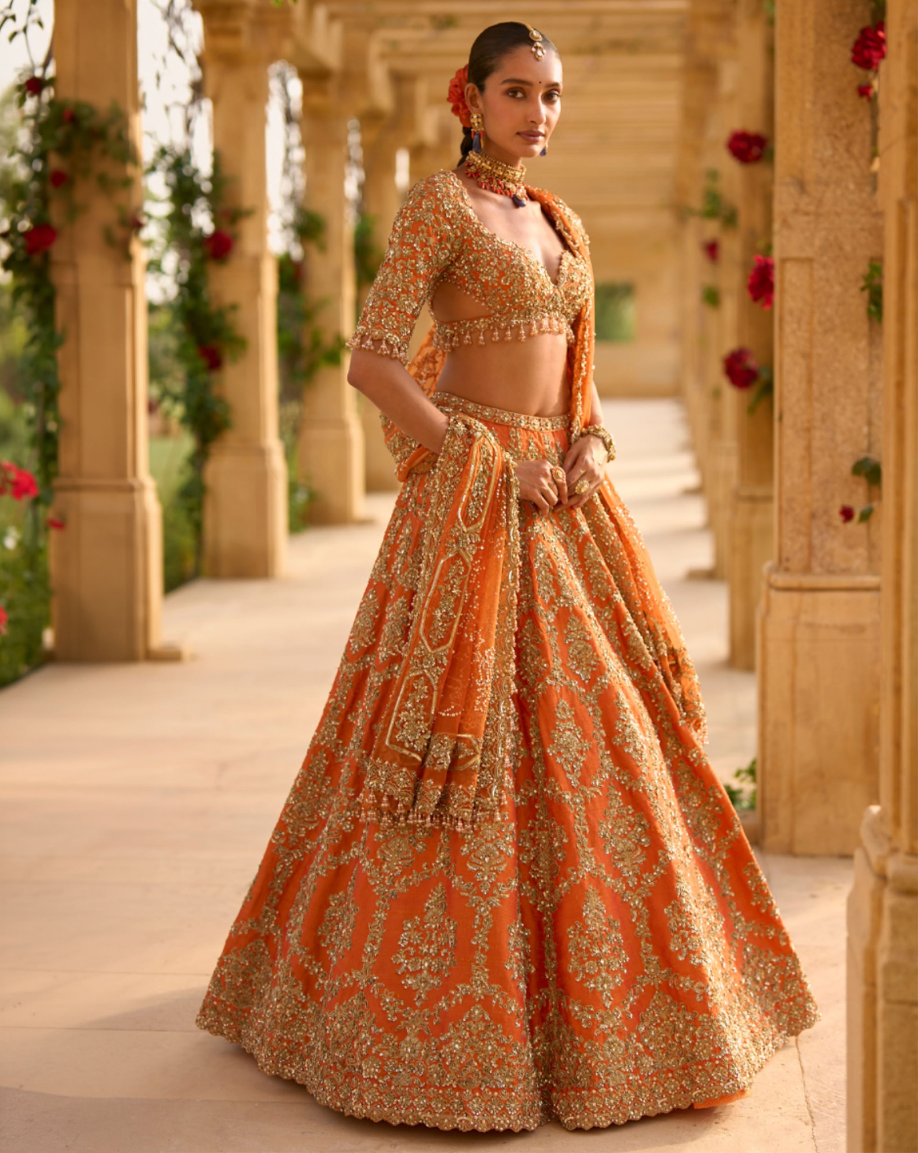 Burnt Orange Zardosi Lehenga Set