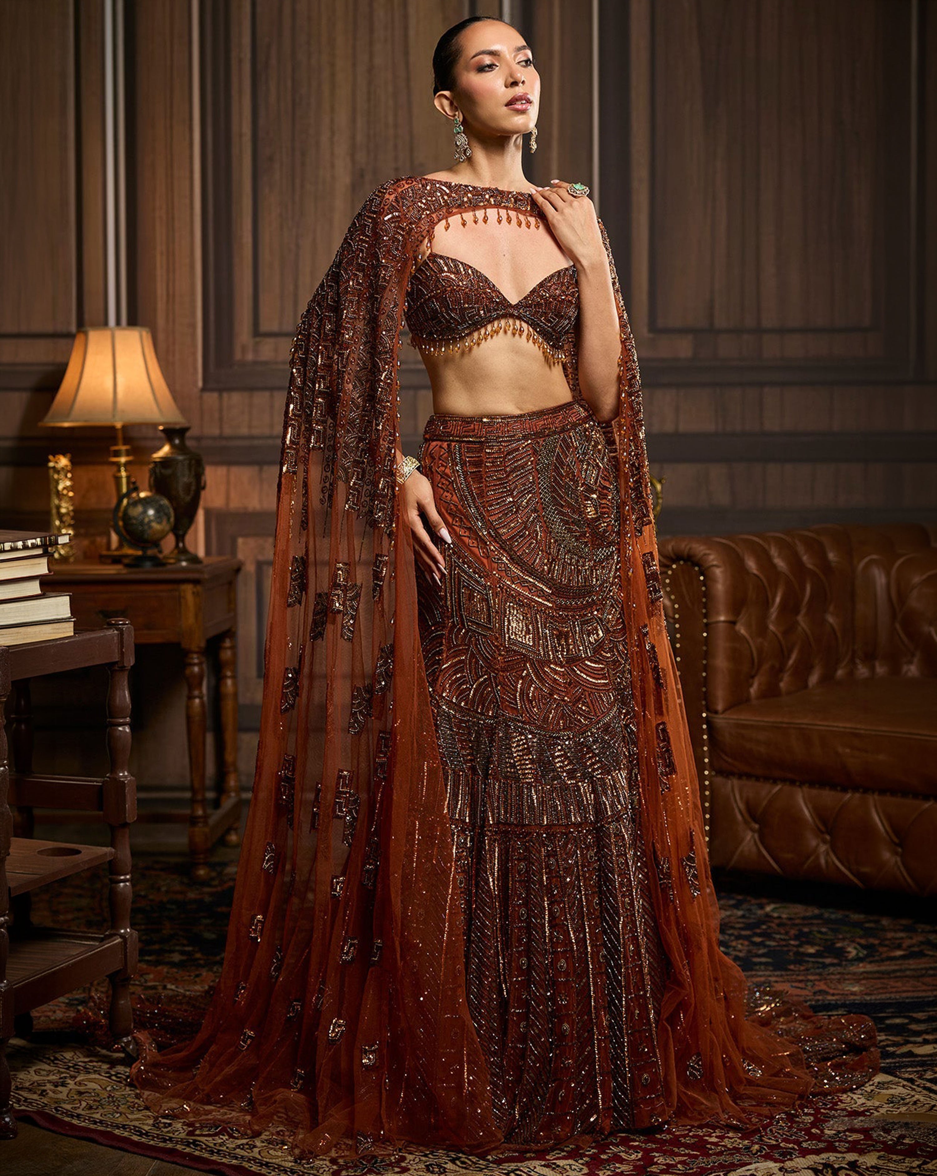 Caramel Brown Fully Embroidered Mermaid Trailskirt Set