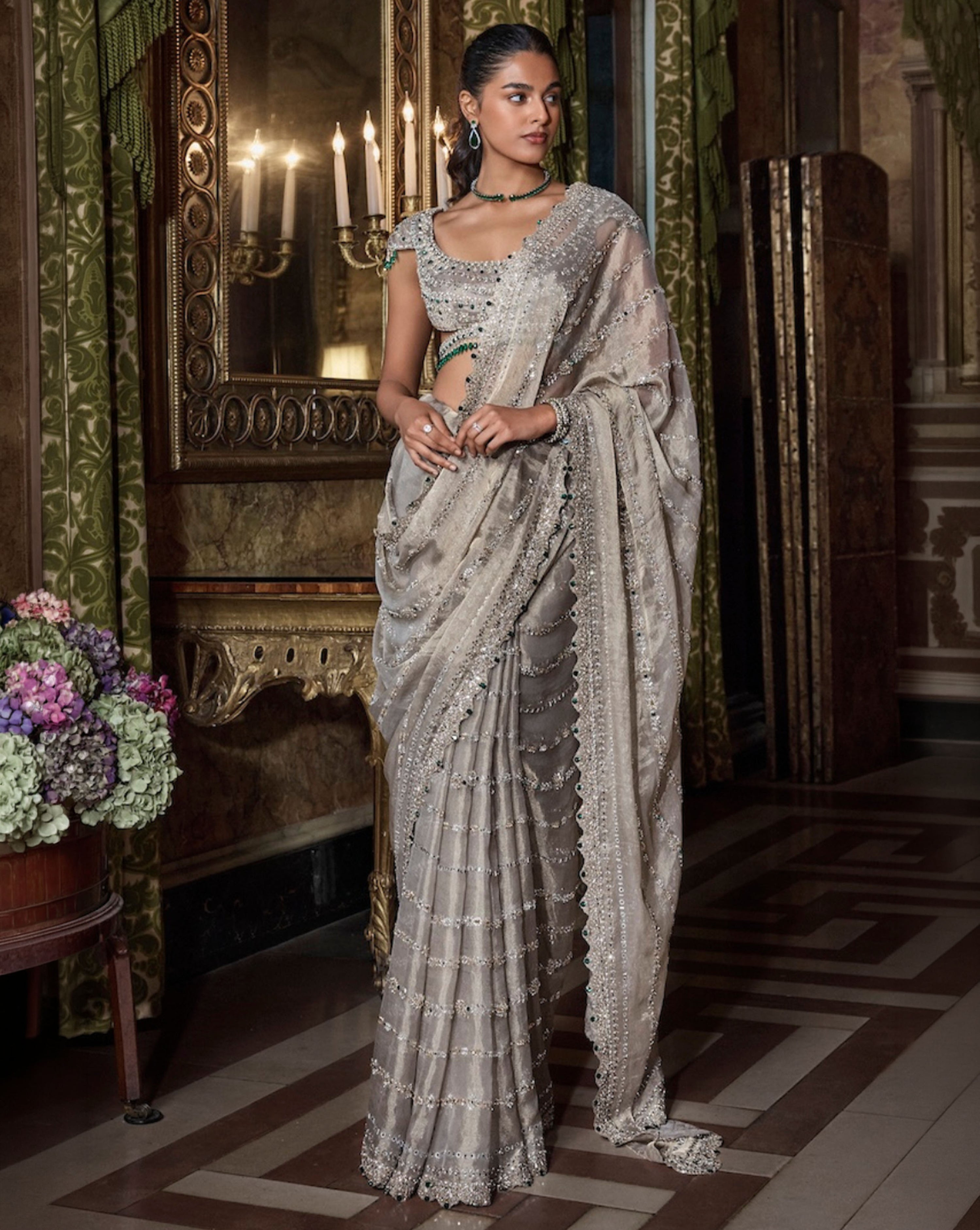 Champagne Emerald Crystal Saree