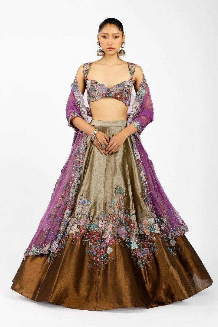 Valéria - Copper Metallic Tissue Lehenga