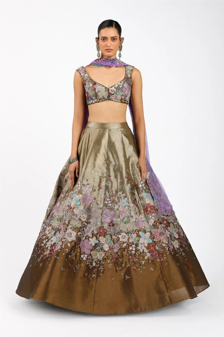 Ténébra - Copper Metallic Tissue Lehenga