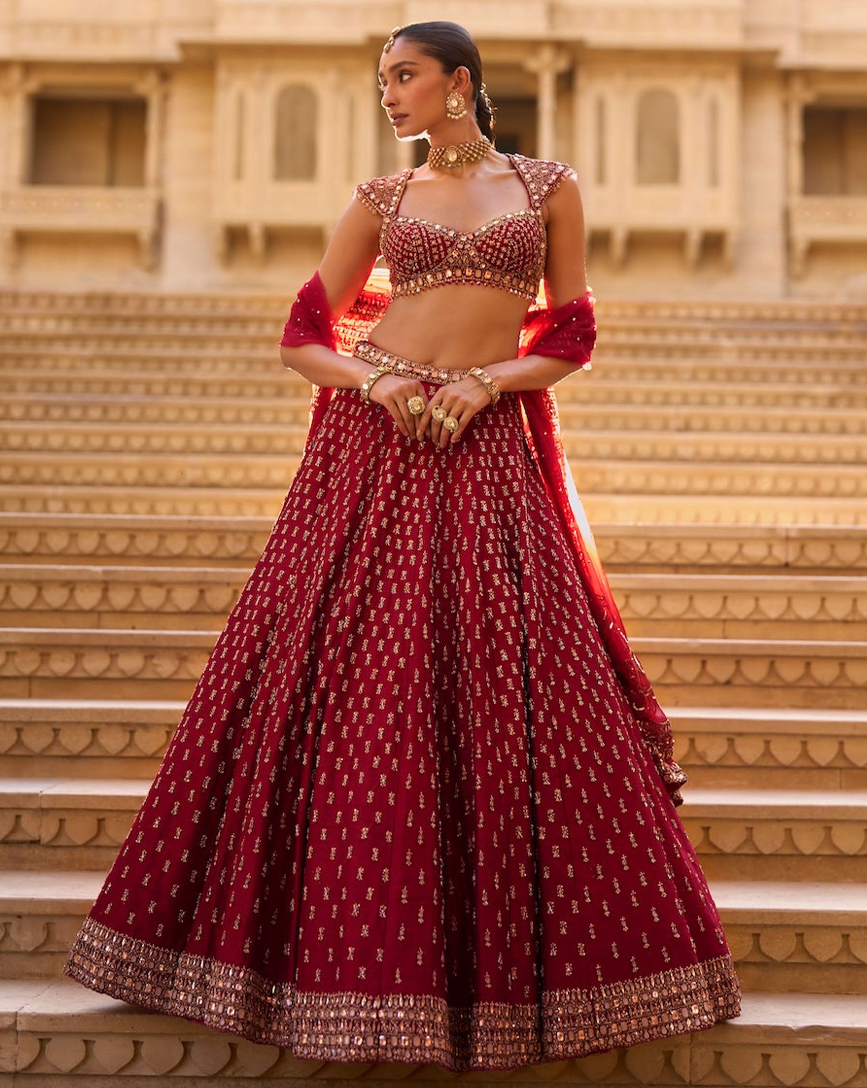 Dark Red Gold Zardosi Lehenga Set