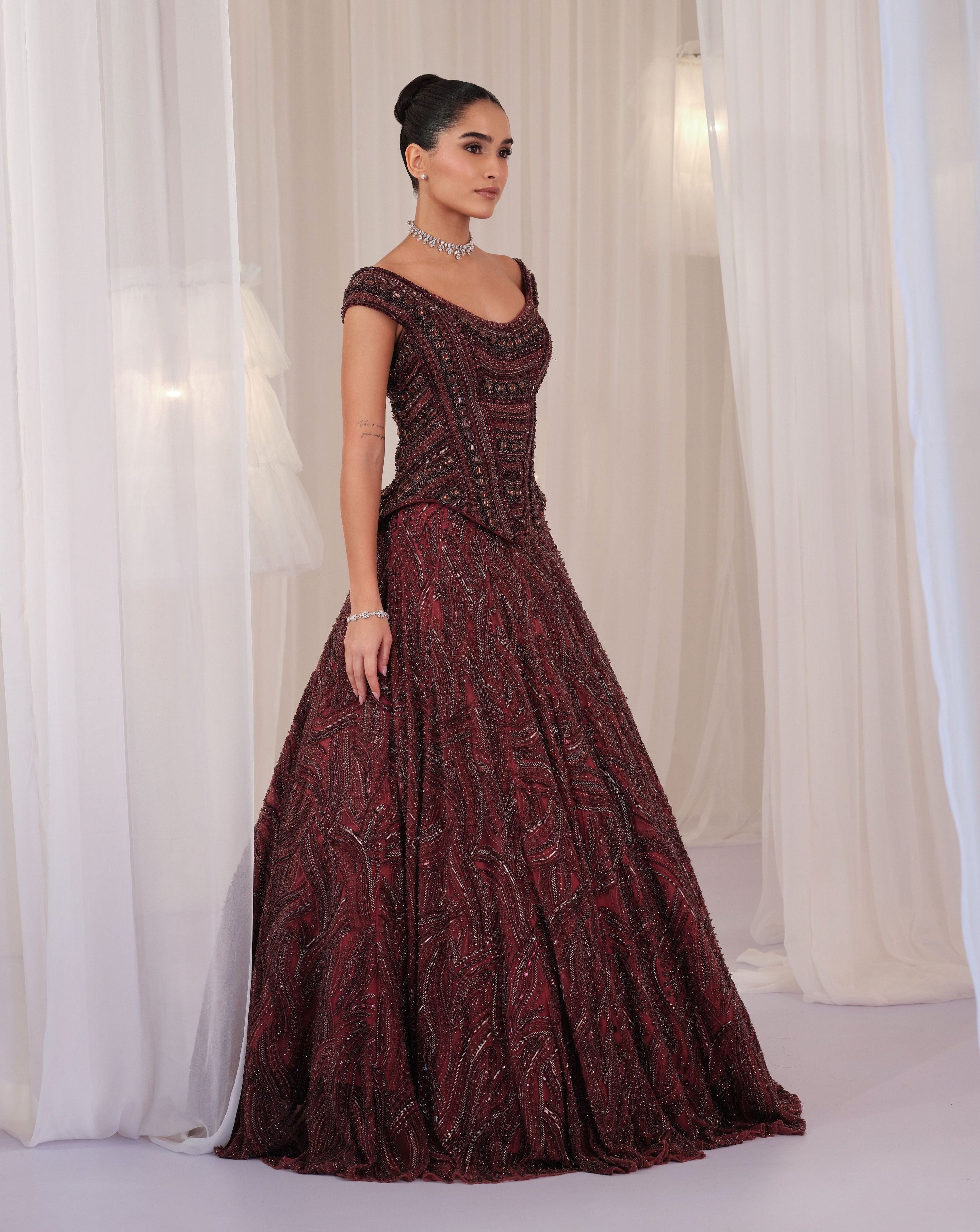Deep Wine Hand Embellished Corset With Lehenga