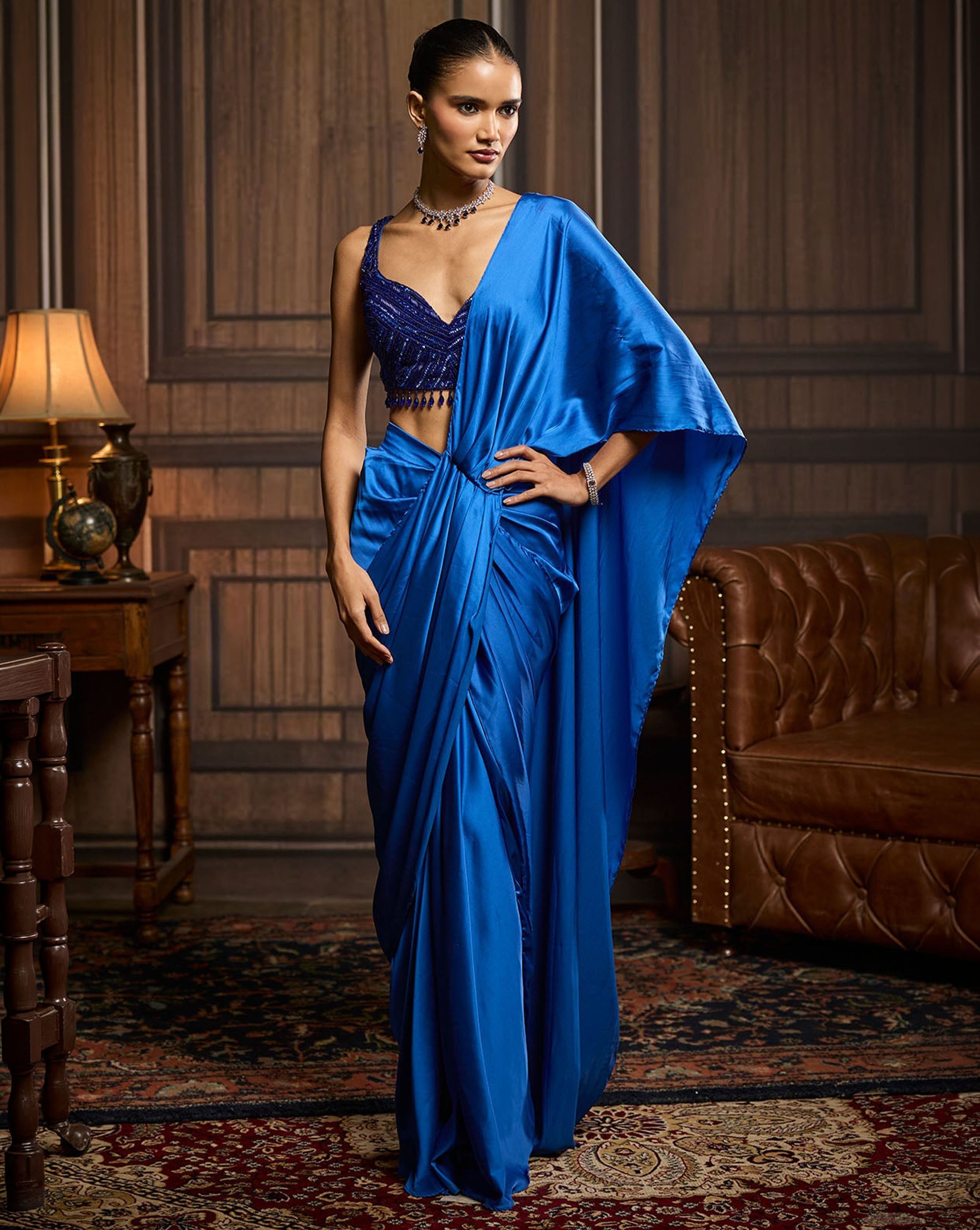 Electric Blue Embellished Blouse And Pre-Draped Dhoti Saree Set