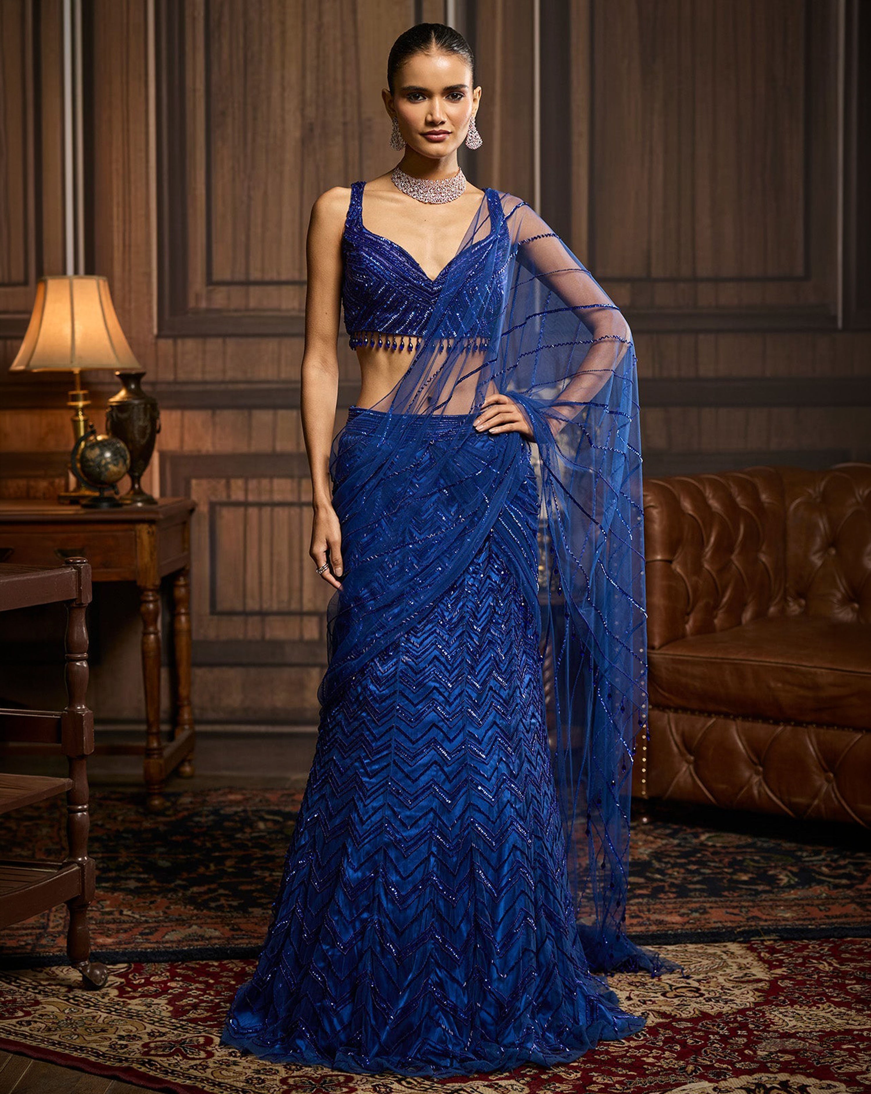 Electric Blue Embellished Pre-Draped Skirt Saree Set