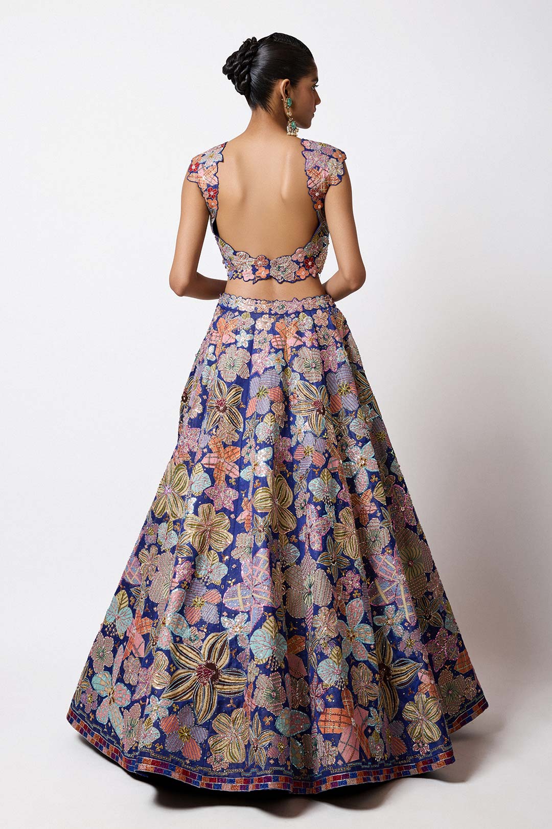 Cyanora - Electric Blue Kasab Satin Big Flower Lehenga